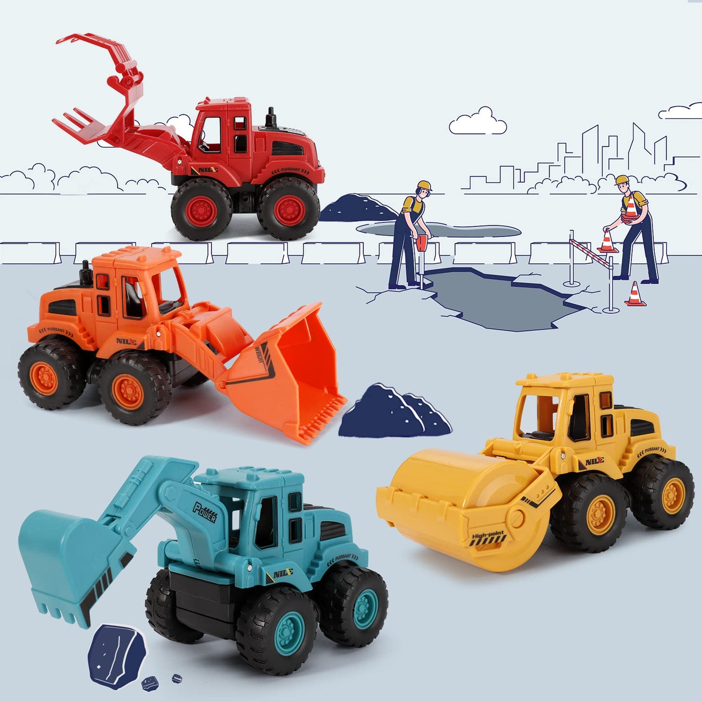 4Pcs Construction Toys,Friction Powered Construction Truck Toys Vehicles,Push and Go Construction Sand Truck Toys,Outdoor Toys with Bulldozer Excavator Roller Truck Gift for 3 4 5 6 7 8 Year Old Boys