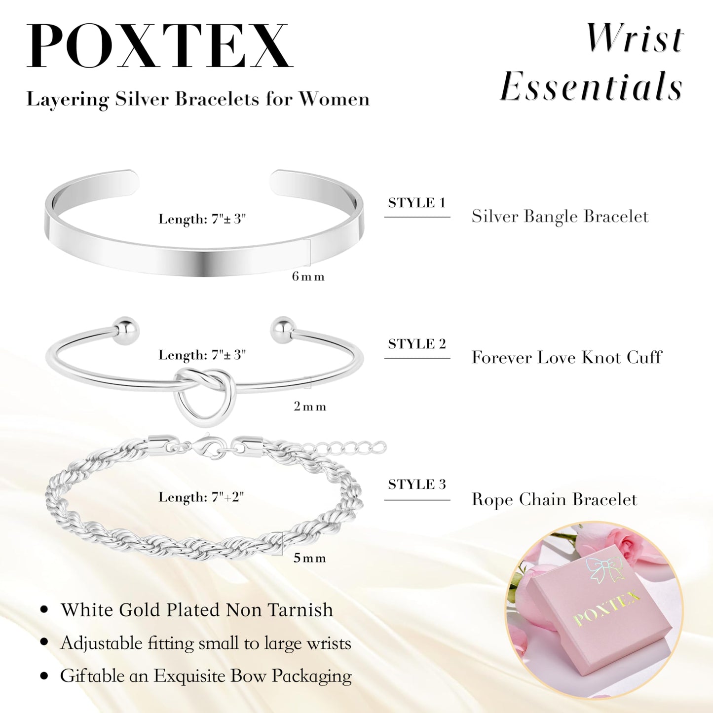 Sterling Silver Plated Bangle Bracelets Stack for Women, Silver Cuff Link Chain Bracelets Set, Trendy Waterproof Jewelry Gifts Adjustable