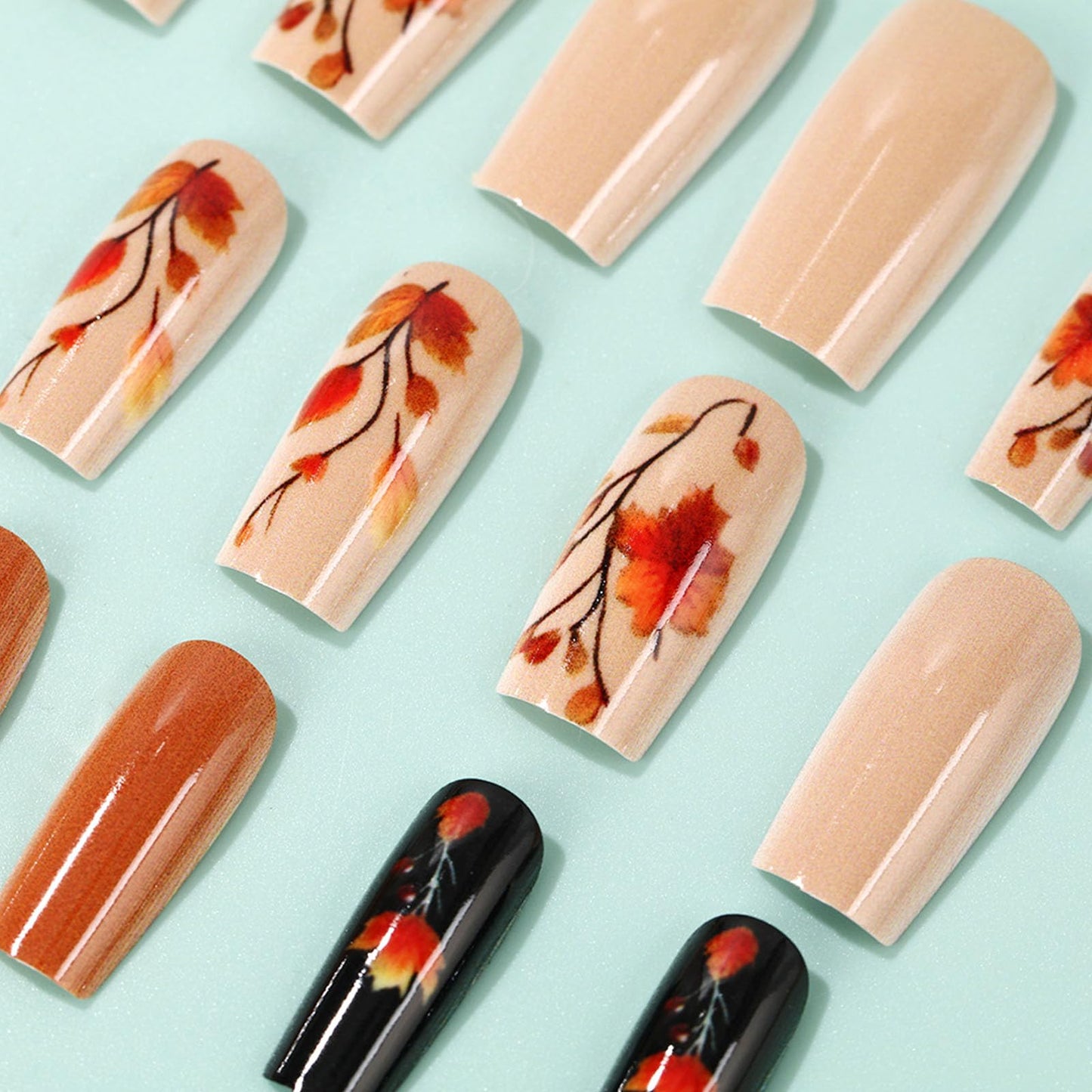 Fall Press on Nails Medium Coffin Fake Nails with Maple Leaves Designs Glossy Nails Press ons Brown Black Glue on Nails Autumn Acrylic Artificial Stick on Nails for Women 24Pcs