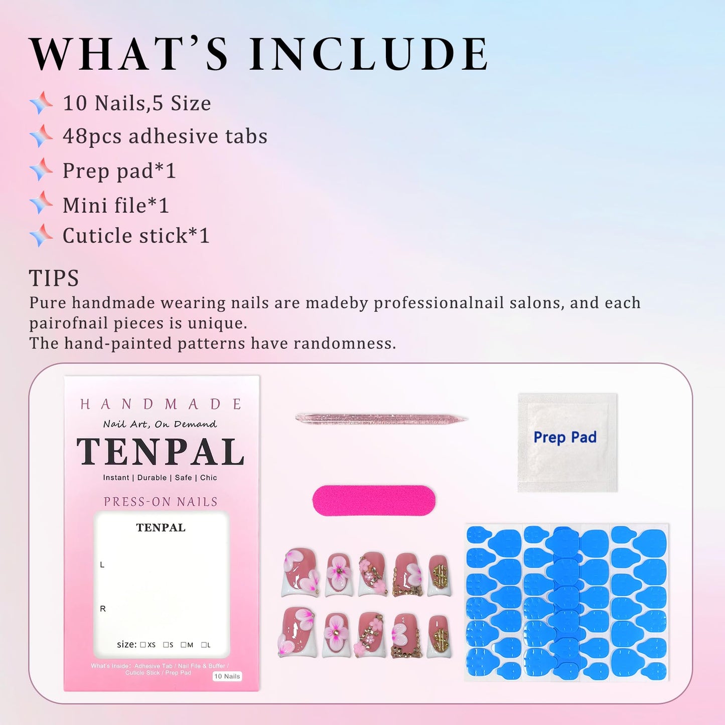 TENPAL Duckbill Press on Nails - White Pink 3D Floral French Tip Fake Nails with Rhinestones | Icy Glossy False Nails with Tools| Handmade Soft Gel Y2K Duck Nails(S)