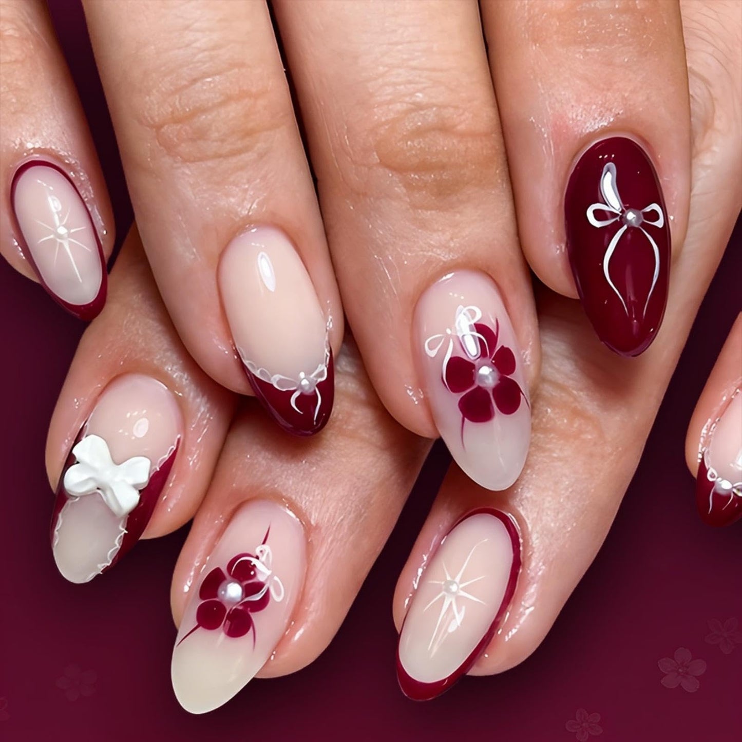 Flower Press on Nails Medium Almond Fake Nails with 5D Bow Charm Design Glossy Lace French Tips False Nail Full Cover Red Nail Press ons Reusable Spring Summer Acrylic Nail for Women Manicure 24Pcs