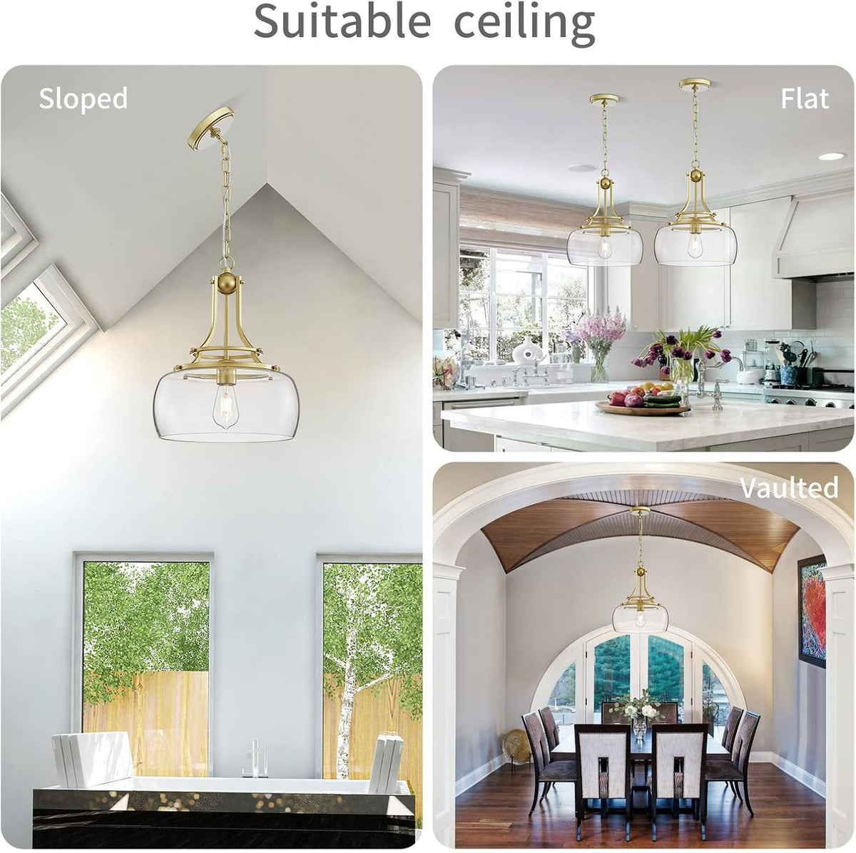 WUZUPS Chandelier Rustic Farmhouse Industrial Round Ceiling Pendant LED Light Fixture with Clear Glass Shades for Dining Room Kitchen Island Foyer Entryway, H 17" x W 13.4", E26 Base, Gold