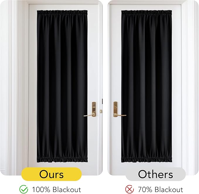 NICETOWN French Door Curtains for Door Window, 100% Blackout Privacy Thermal Insulated Window Covering for French Front Glass, 1 Panel, Black, 25 x 72 inches Long