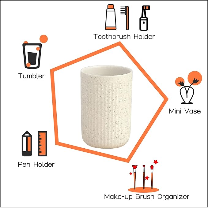 Beige Speckled Ceramic Toothbrush Holder, Rippled Cylinder Tumbler for Bathroom Countertop, Makeup Brush Holder, Pen Organizer, Multipurpose Bathroom Accessory