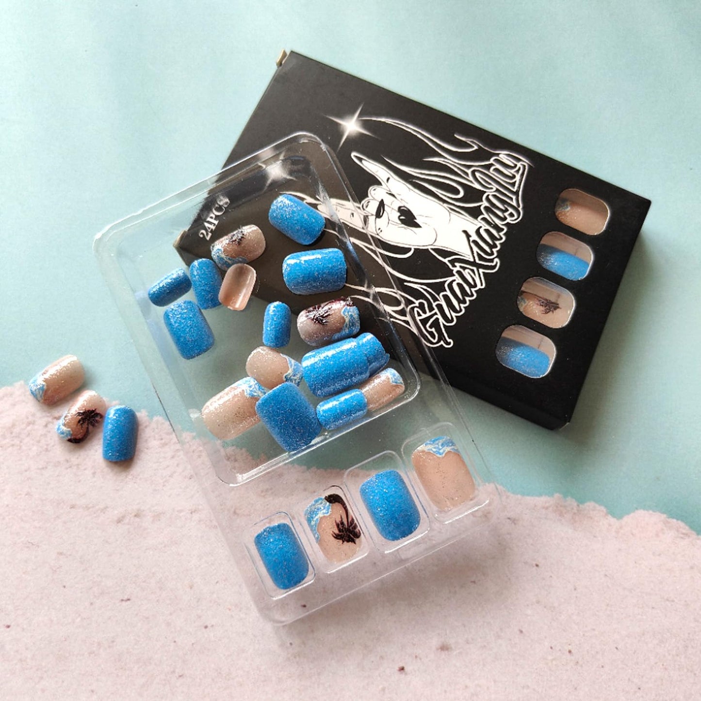 24Pcs Summer Press on Nails Short Square Fake Nails with Sea Wave Coconut Tree Design Acrylic Nails Blue Glitter Glue on Nails Reusable Stick on Nails for Women Spring Summer Nail Art