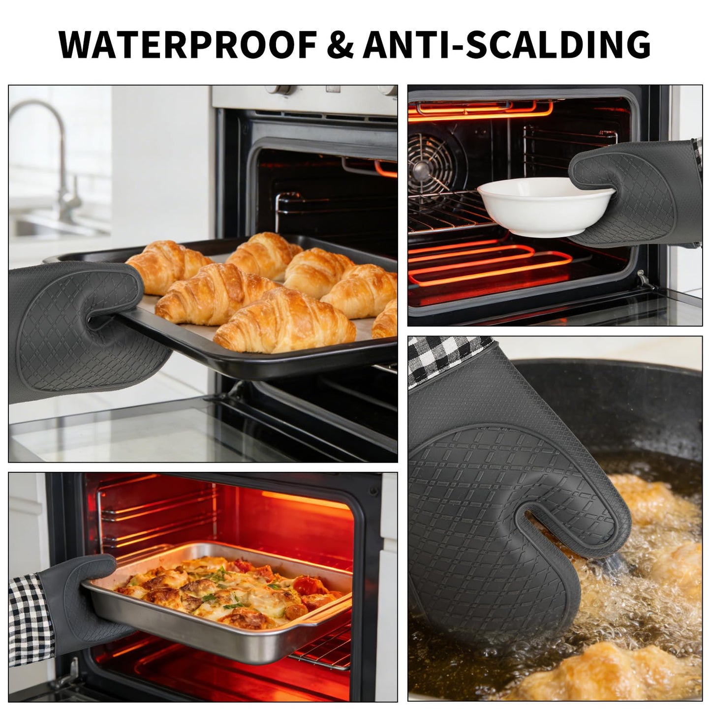 Tifanso Plaid Oven Mitts and Pot Holders 4-Piece Set, Oven Mitts Gloves Heat Resistant with Non-Slip Silicone Surface for Cooking Baking Grilling, Cotton Pot Holders Pads for Kitchen Cooking (Grey)