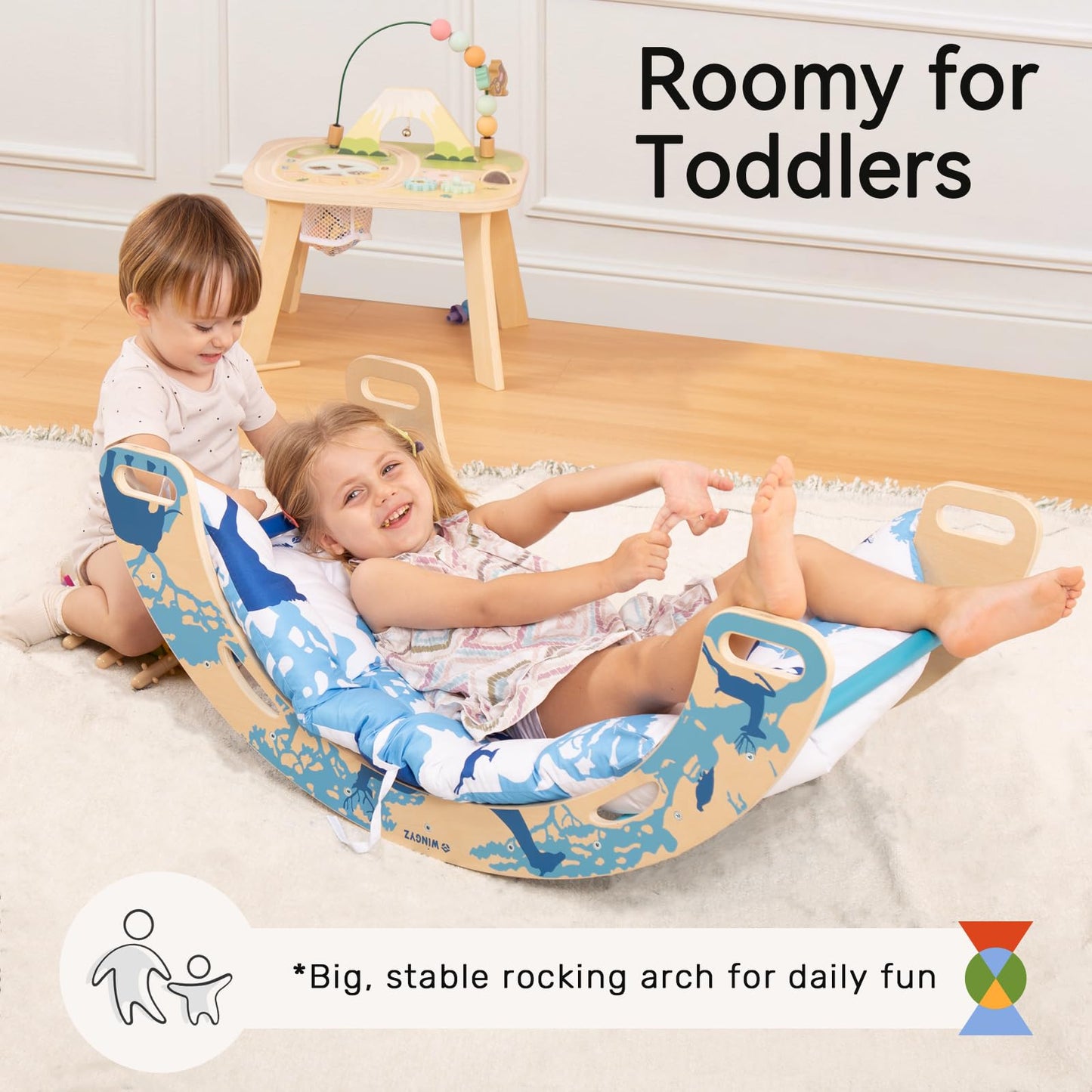 WINGYZ Pikler Triangle Set, Montessori Foldable 8-in-1 Jungle Gym with Reversible Animal Slide, Patent-Protected Climbing Set, Safe 2.35" Gap ASTM F963 Standards for Toddlers 18 Months-7 Years (Blue)