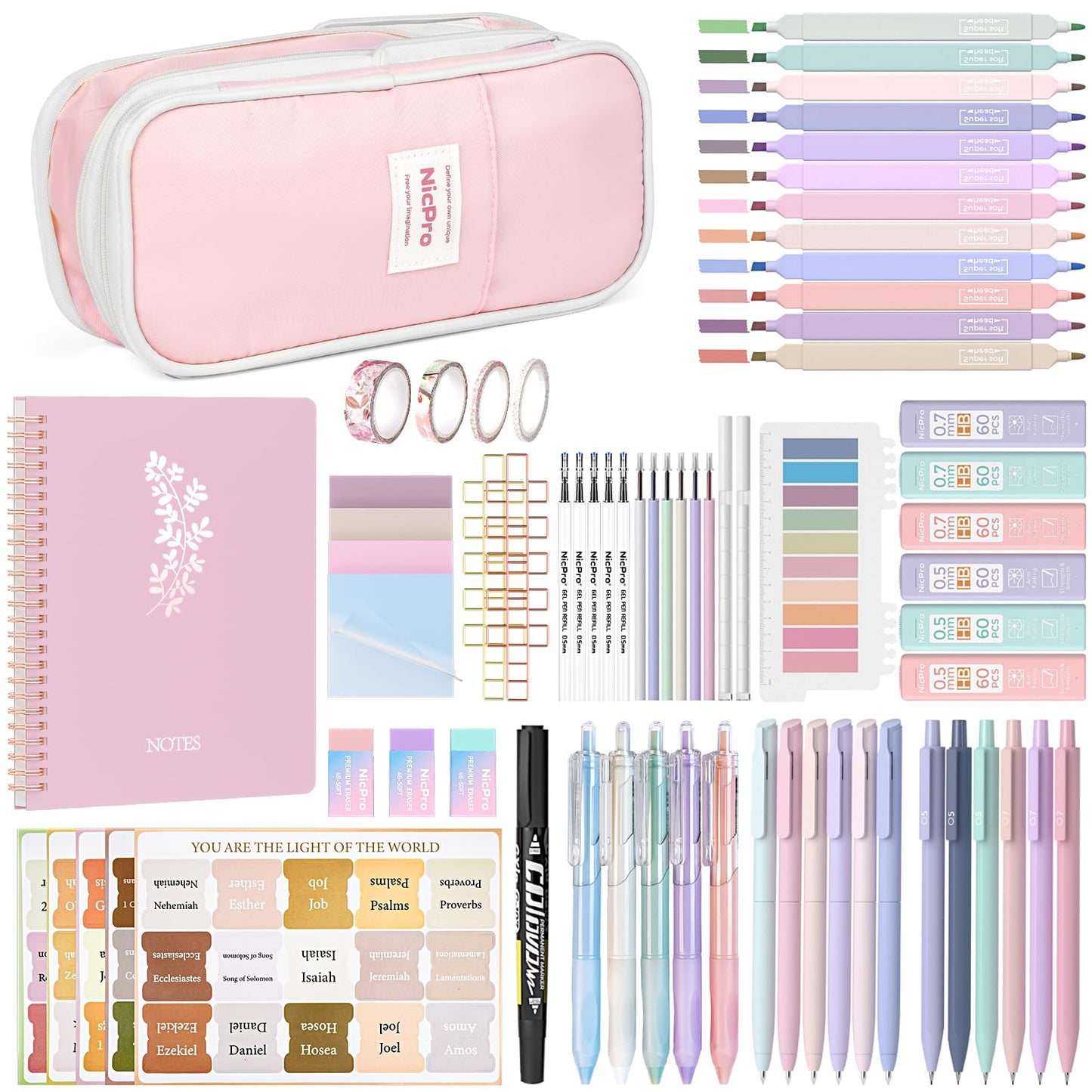 Nicpro Bible Journaling Kit, 76PCS Bible Study Supplies with Pen Case, Notes & Tabs, No Bleed Highlighter Pens, Bible Journal Accessories, Cute Spiral Notebook Stationary Set for Women Christian Gifts
