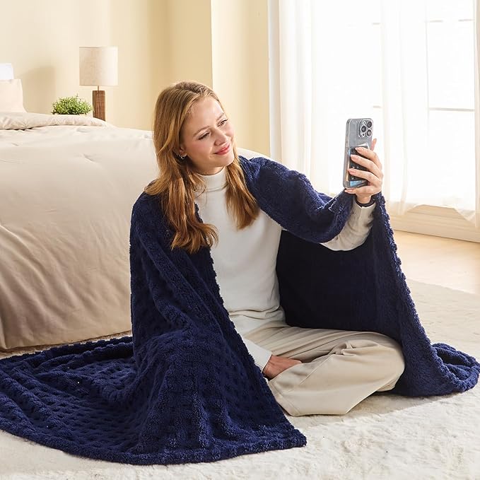 NEWCOSPLAY Super Soft Throw Blanket Navy Premium Silky Flannel Fleece 3D Waffle Checkered Lightweight Bed Blanket All Season Use (Dark Navy, Throw(50"x70"))