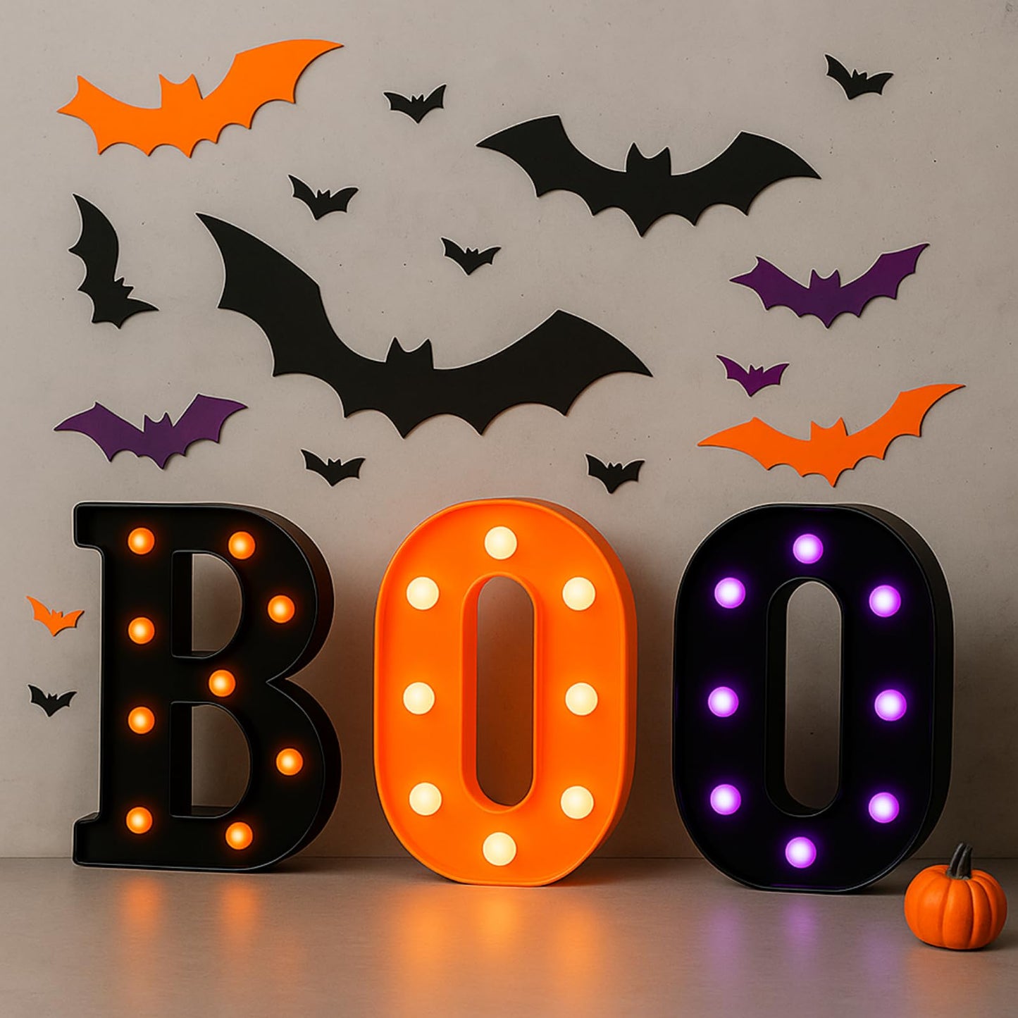 Grinsvalley Halloween Decorations Set Include 3 Boo Marquee LED Light up Letters with 72 Pcs Halloween 3D Bat Stickers Decor Boo Signs Light for Home Fireplace Room Desk Mantel Wall Table Party