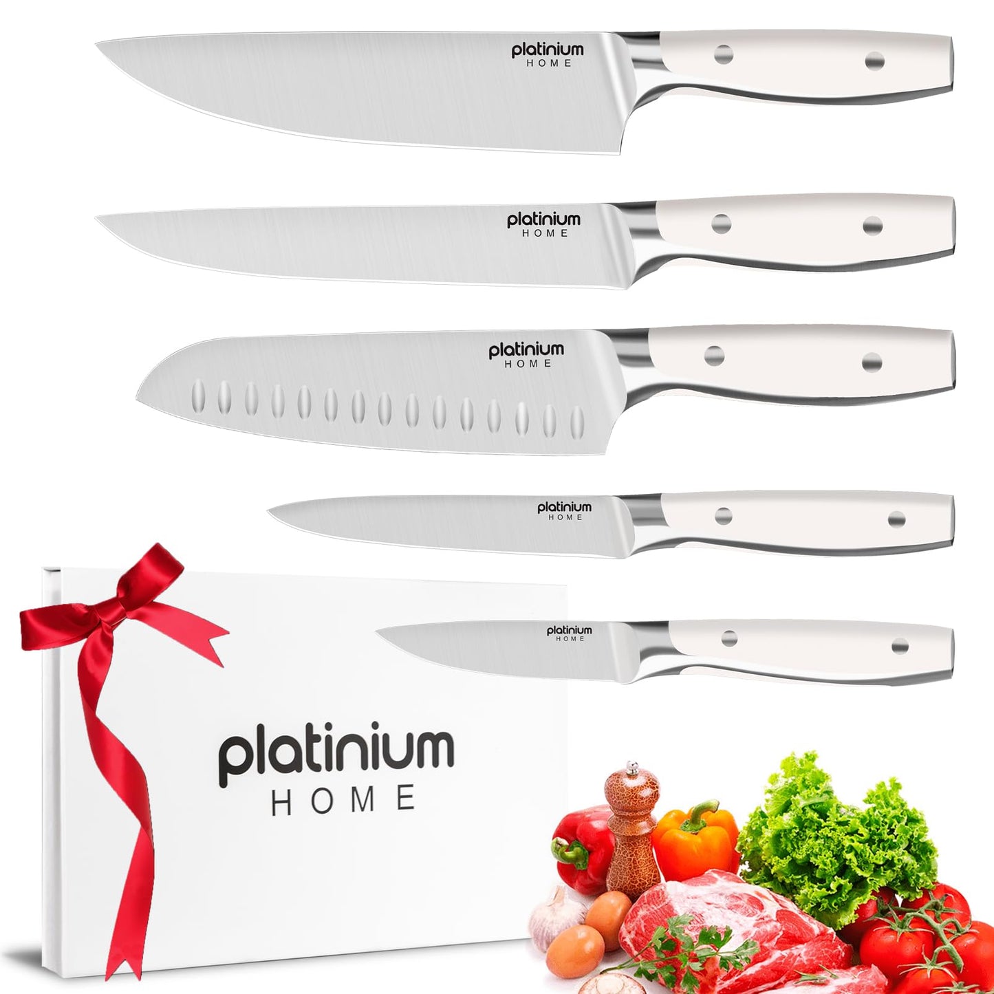 Kitchen Knife Set of 5,Professional Chef knife High Carbon Stainless Steel White Chefs Knives for Home Cooking, Includes Chef, Santoku, Boning, Utility, Peeling Knives with Gift Box