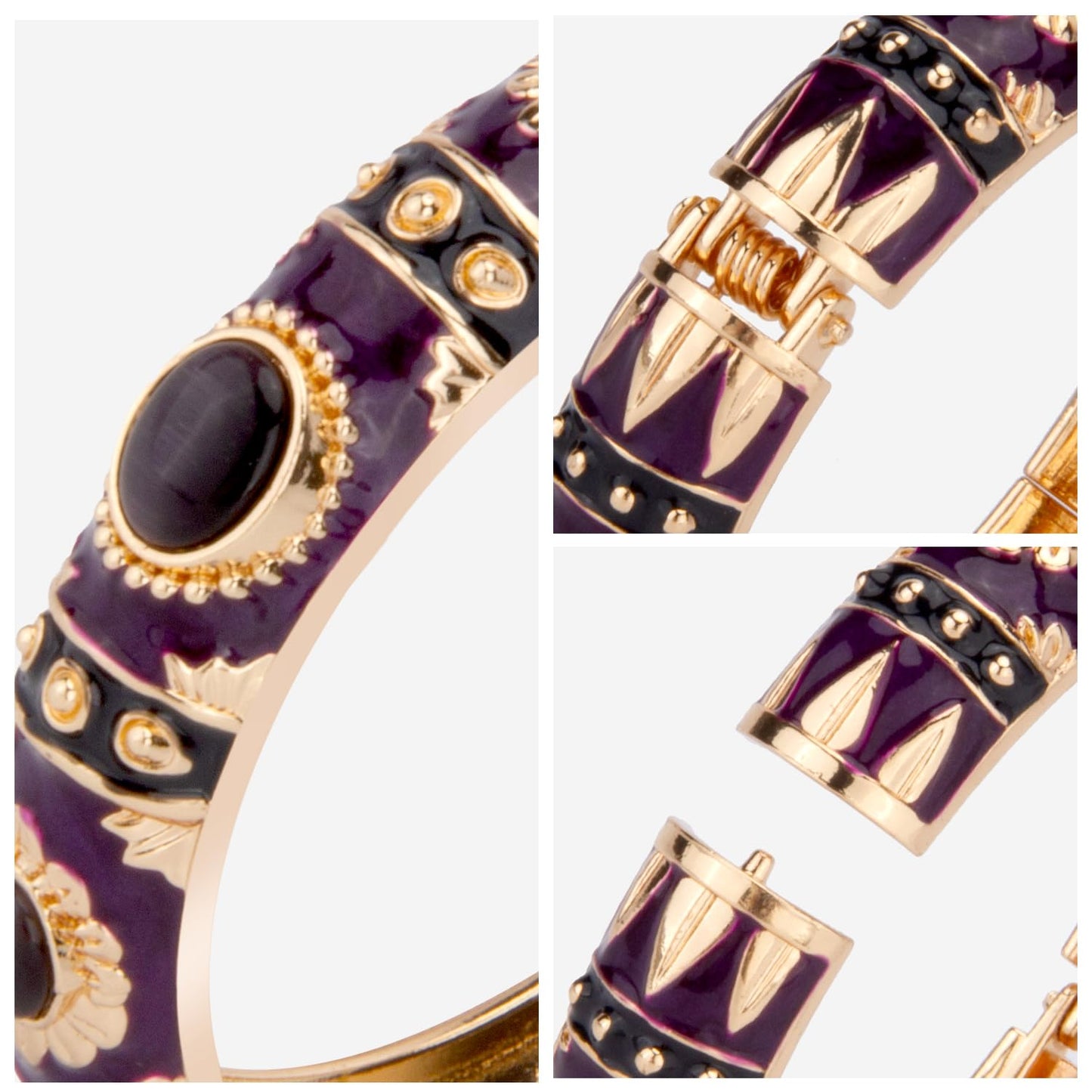 UJOY Vintage Cloisonne Jewelry Bracelet Plated Handmade Bead Rhinestones Enamel Spring Cuff Bangles 2 Pcs Set for Womens Gift 7735-55A108 pueple Black