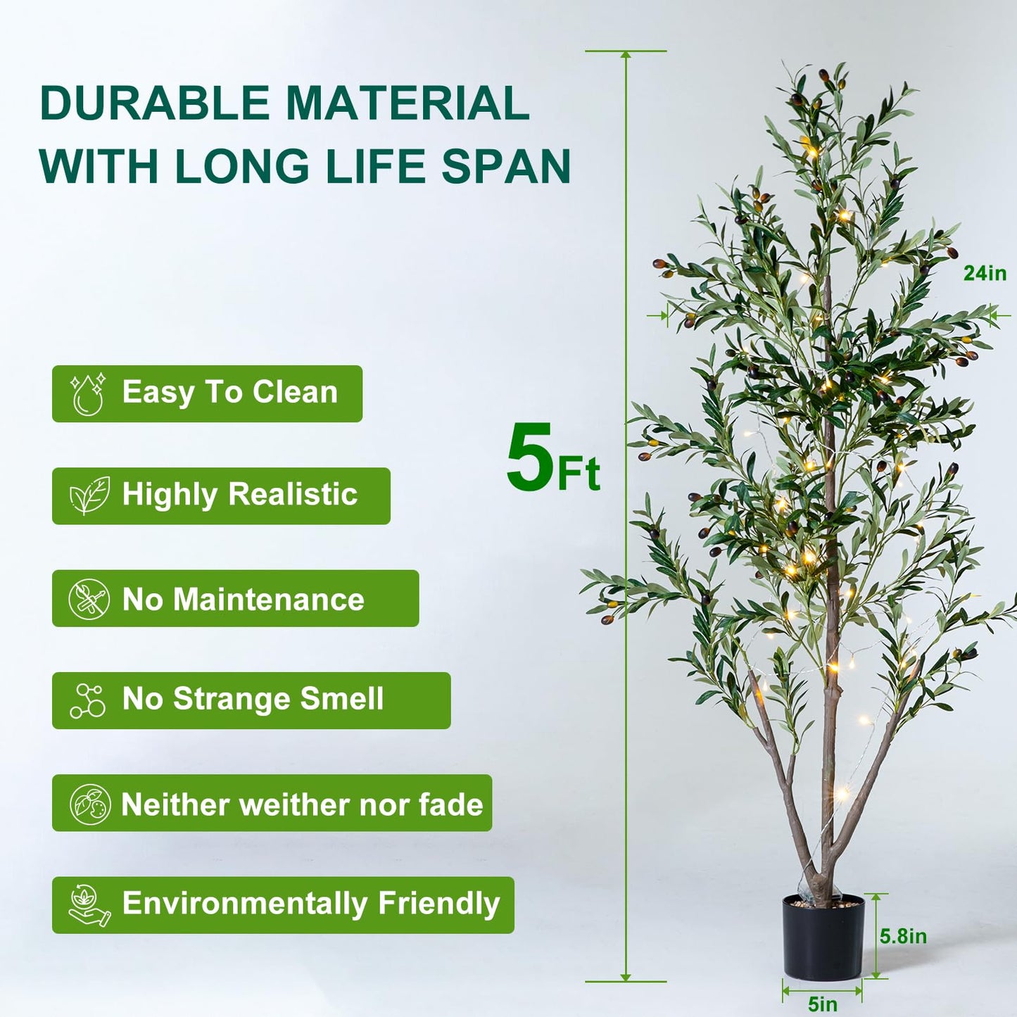 Artificial Olive Tree Indoor, 5Ft Faux Olive Trees Artificial Indoor with String Lights and Stones On Planter, Artificial Faux Plants with Natural Wood Trunk and Lifelike Fruits for Home Office Decor