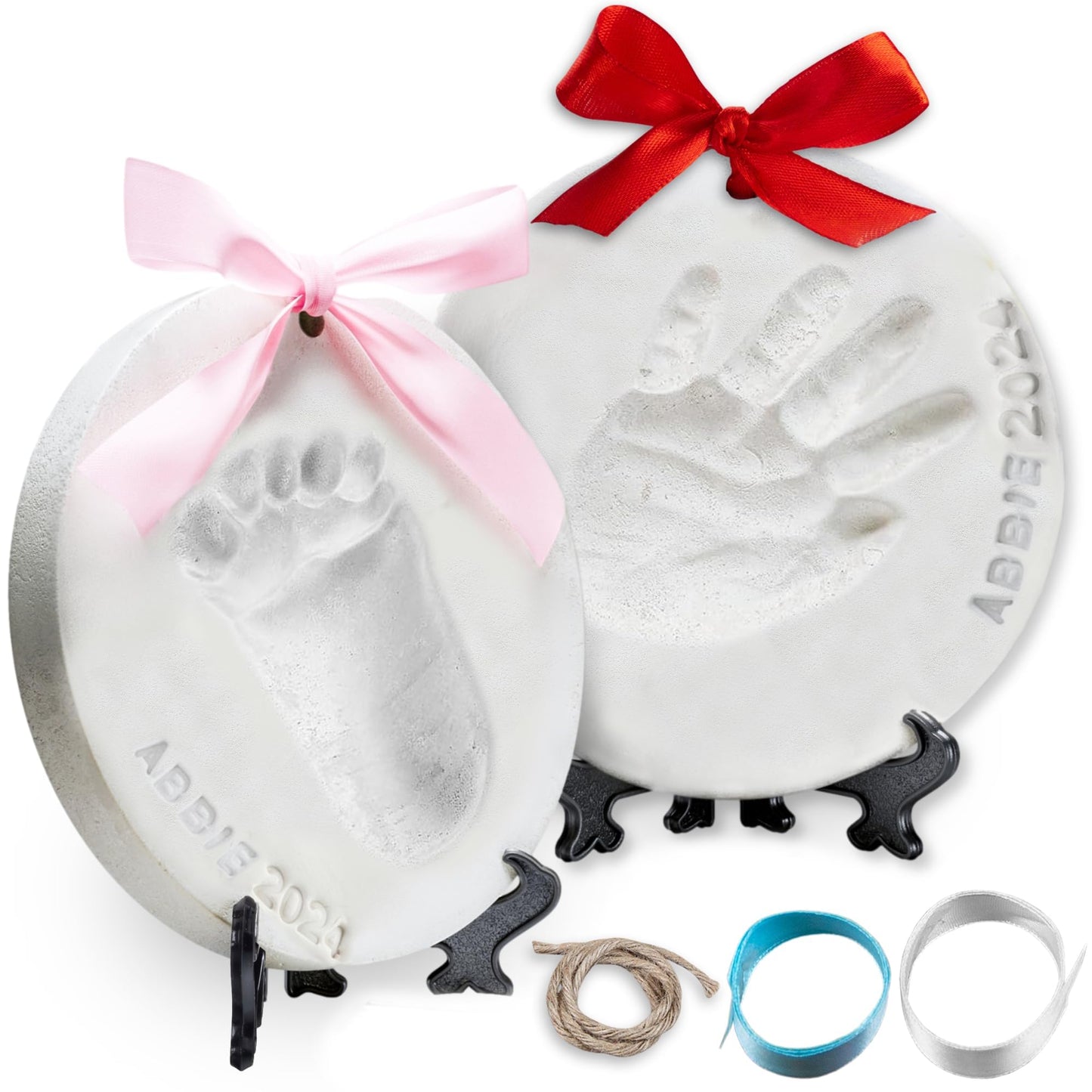 Little Hippo Baby Ornament Keepsake Kit (Newborn Bundle) - 2 Easels, 4 Ribbons & Letters! Handprint and Footprint Clay Casting Kit for Baby Shower Gifts, Boys & Girls