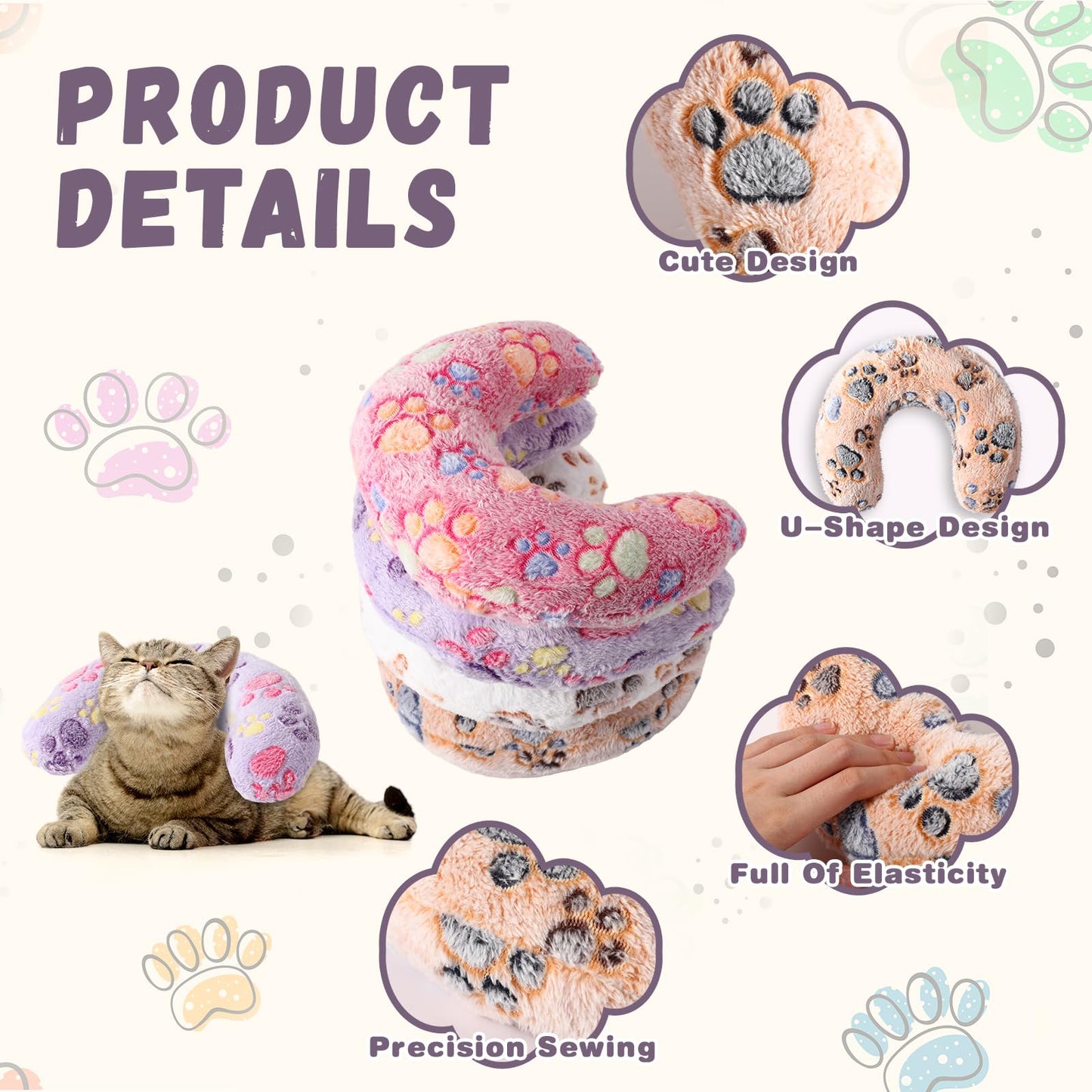 Sweetude 4 Pcs Pillows for Cats Puppy Bed Fluffy Pet Calming Soft Gifts Half Donut U Shaped Pet Neck Pillow Training Joint Relief Cervical Protection(Paw,Medium)