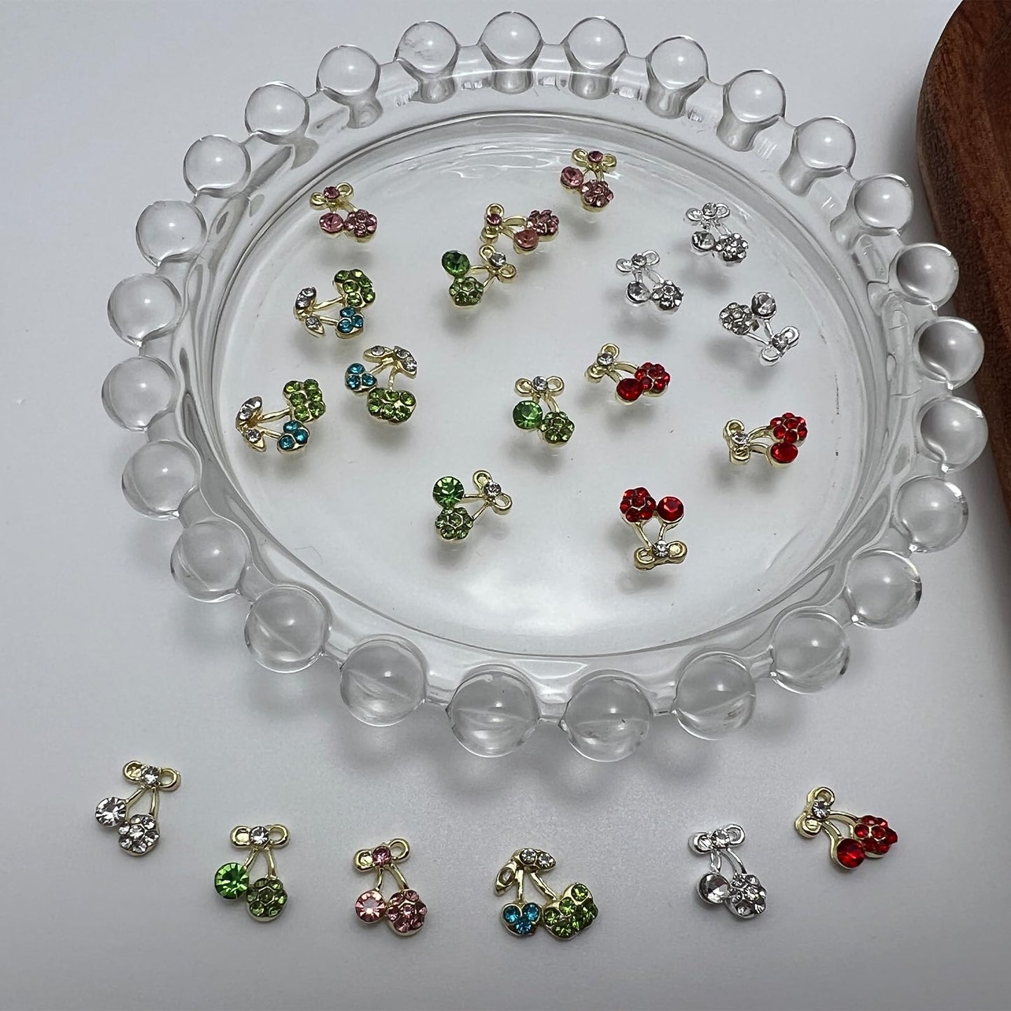 Pizadix 30PCS Cherry Nail Charms Set, 6 Styles (5 Each), Gold/Silver Alloy Rhinestone Fruit Designs, 6-Grid Organizer Box, for Gel, Acrylic & Press-On Nails
