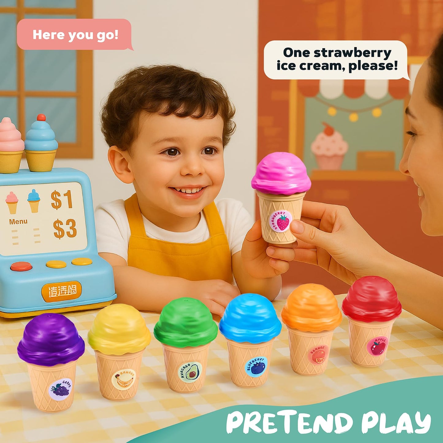 JoyCat Baby Toys 6-12 Months - Mystery Soft Box with 10 Sensory Objects, Rattle, Crinkle Paper, Mirror + Ice Cream Toys for Toddlers, Color Recognition Stacking Play Set with 7 Matching Cones & Scoops