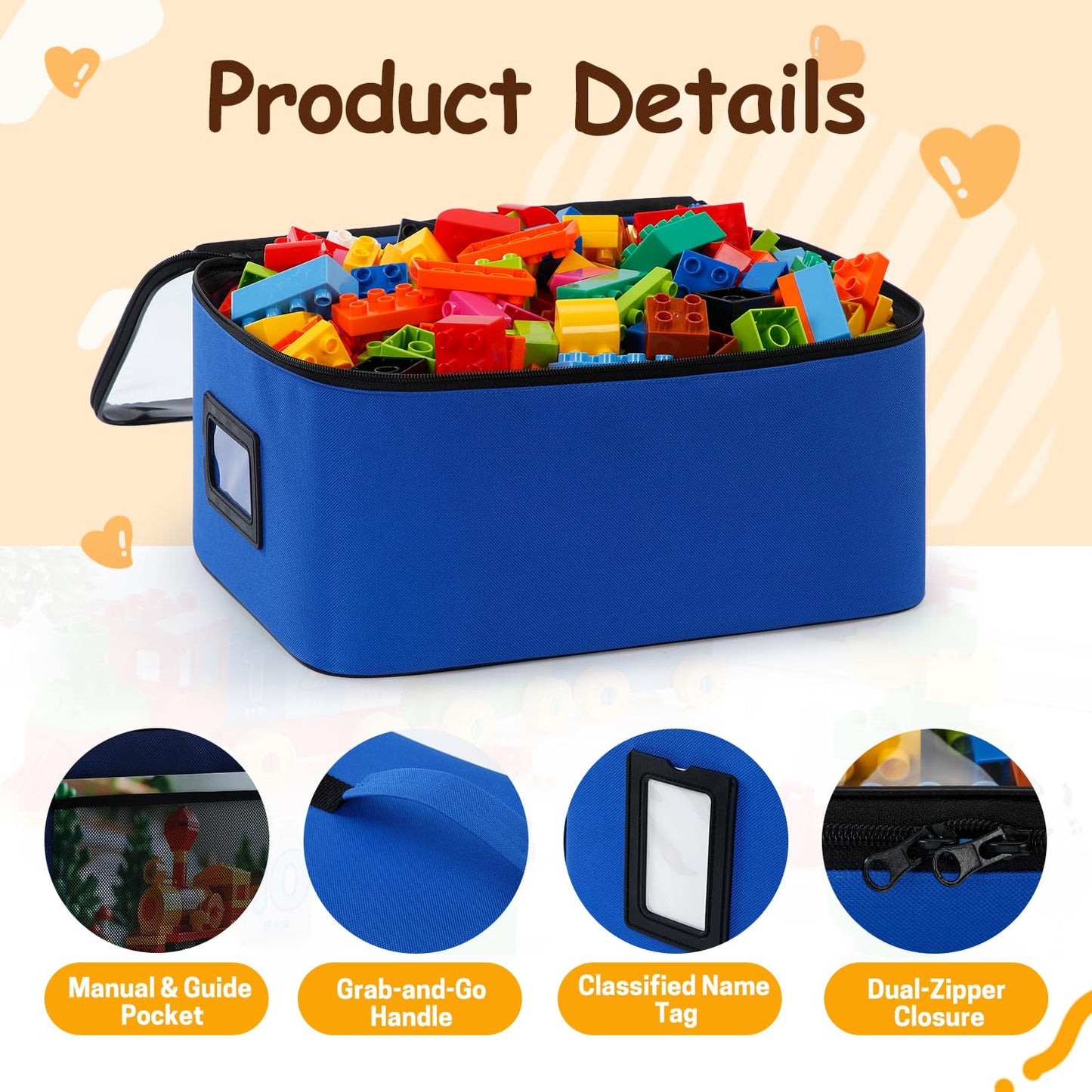 5 Pack Toy Storage Bags for LEGO & Building Blocks, Clear Toy Bins with Instruction Mesh Pocket & Label Window, Waterproof Zipper Pouches for Nursery Organization, Crafts, & Books (C)