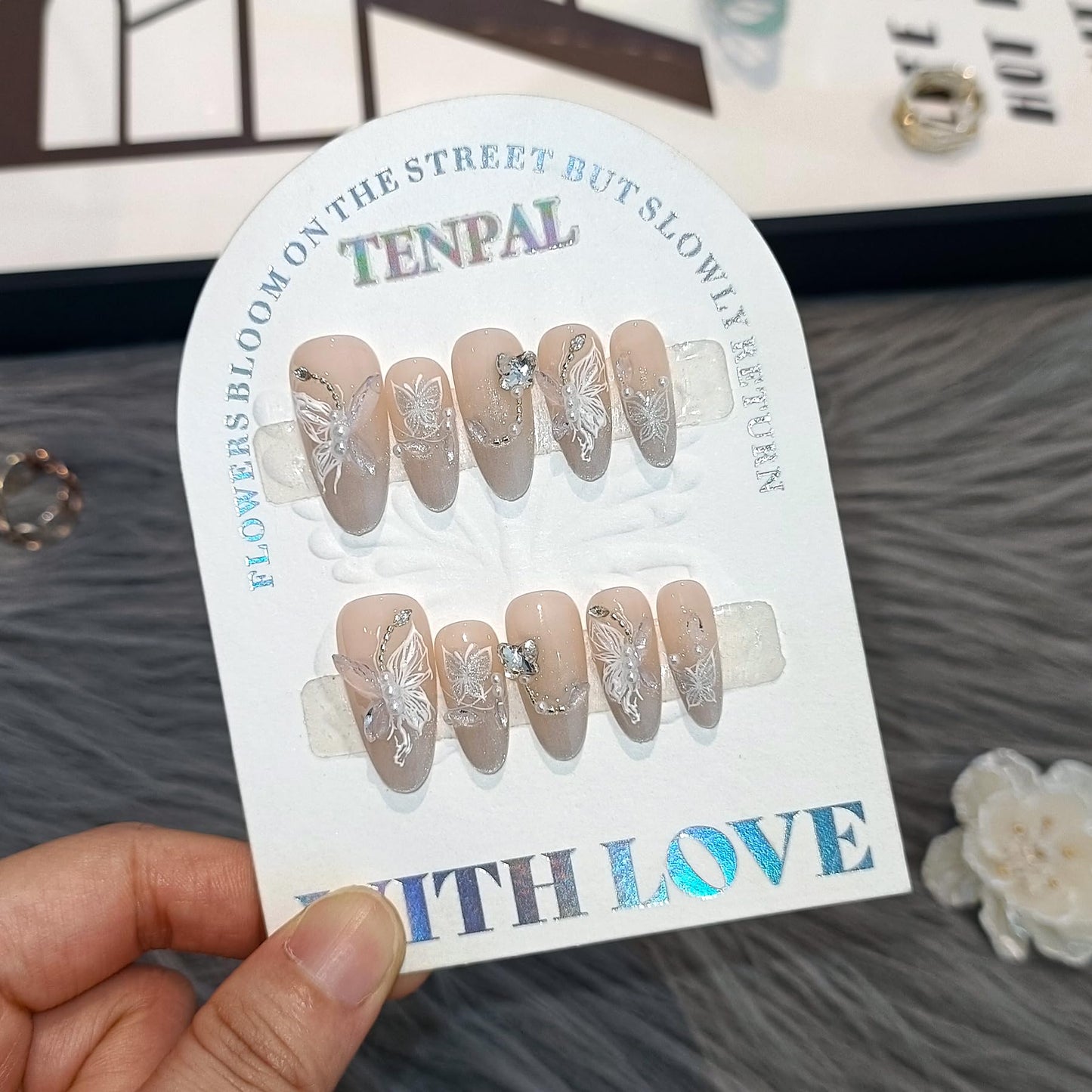 TENPAL 3D Butterfly Cat Eye Glitter French Press on Nails Medium Almond,Galaxy Icy Shimmer Rhinestones Designs with Full Manicure Kit 10pcs(XS)