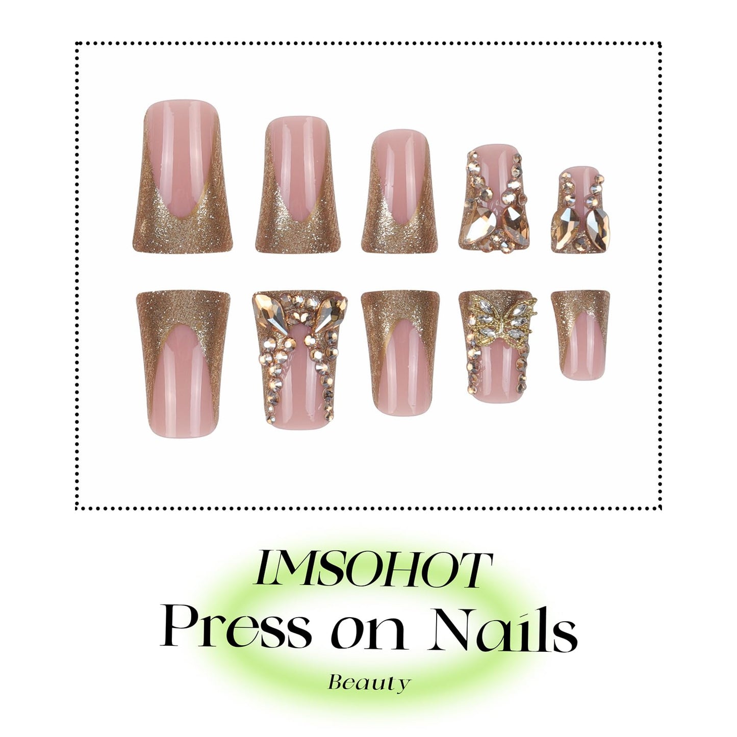 IMSOHOT Golden Duck Press on Rhinestone French Tips Fake Nails with Duckbill Designs Bling Feet Style Glossy False Nails with Butterfly Diamonds Design 24Pcs