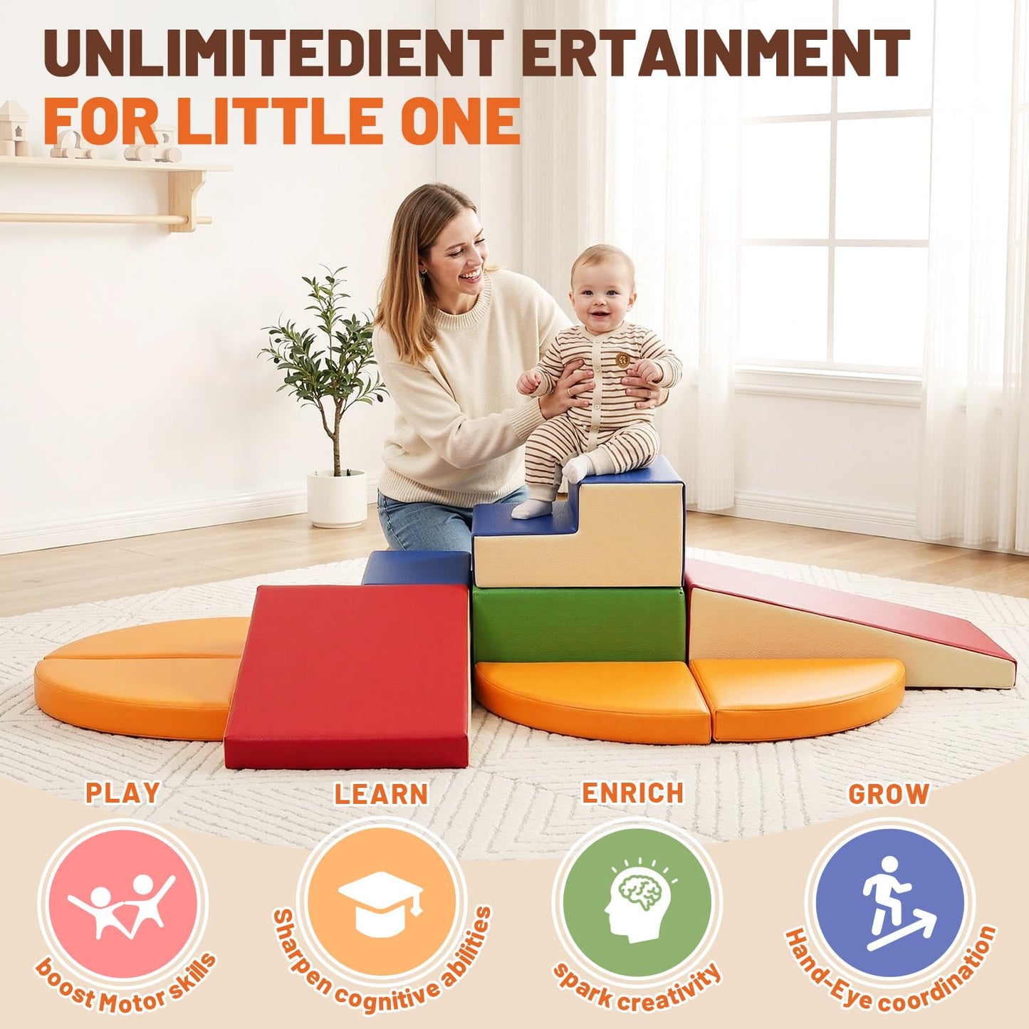 TODIBY 9-Piece Climbing Foam Blocks: Soft PU Leather - Baby Climb and Crawl Activity Blocks - Kids Play Gym Equipment Indoor for Development