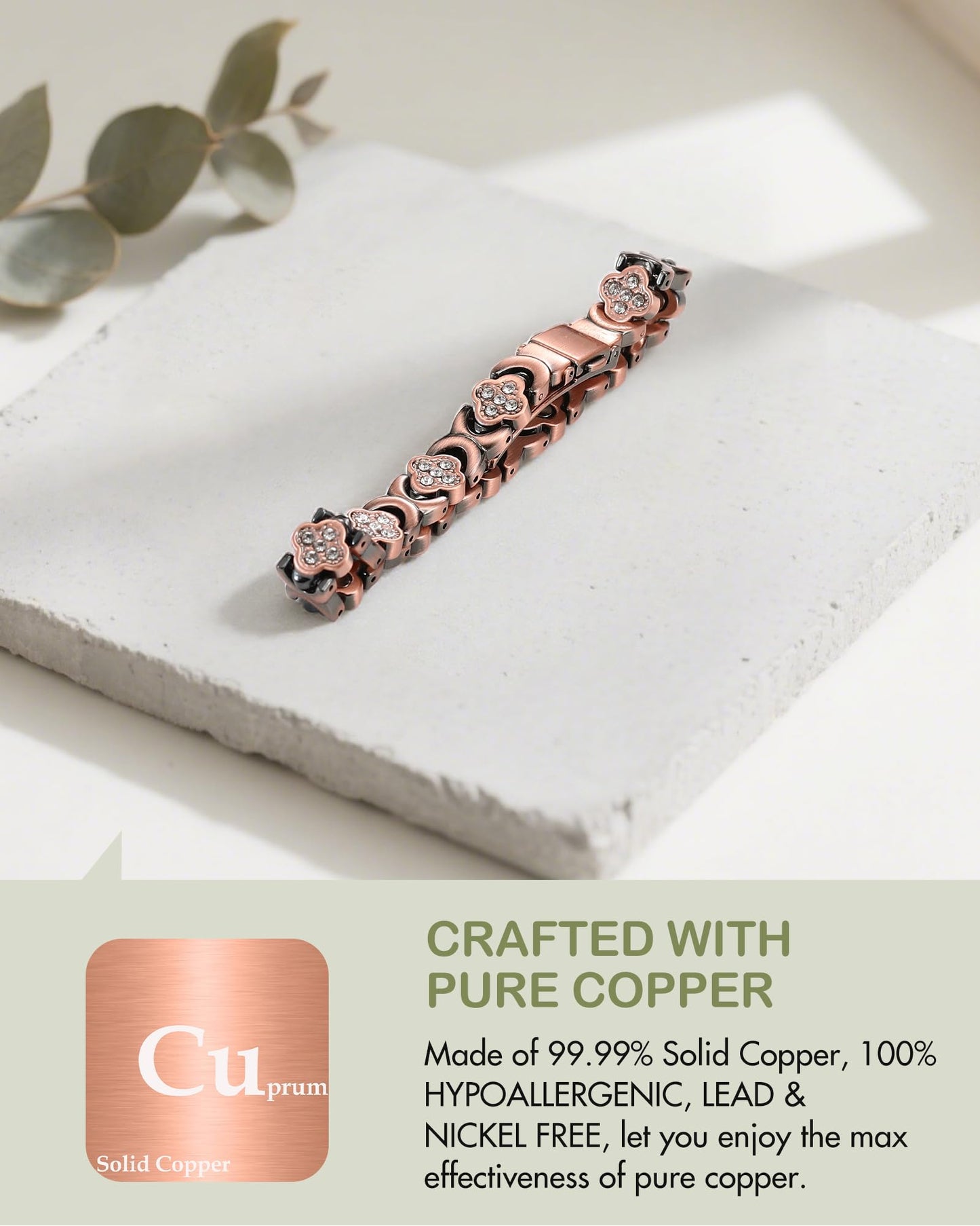 Feraco Pure Copper Bracelets for Women, 5X Ultra Strength Magnetic Bracelet with 5000 Gauss Magnets & Sparkling Cubic Zirconia, Premium Folding Clasp, Infinite Clover Jewelry Gift