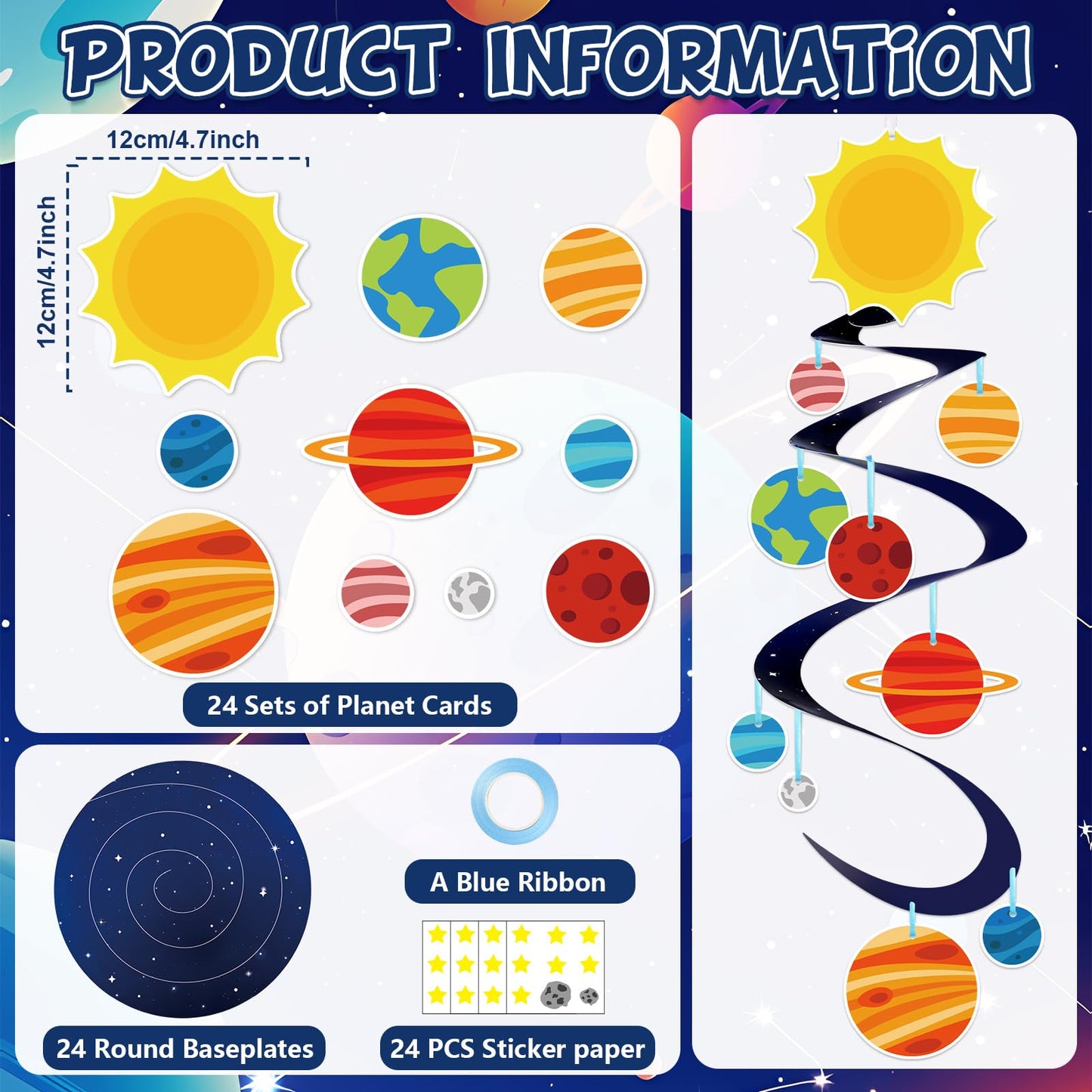 24 Sets Space Craft Kits DIY Solar System Hanging Decoration Make Your Own Outer Space Paper Crafts Ornament Galaxy Planet Star Stickers Games for Home School Classroom Activities Party Favor Gift
