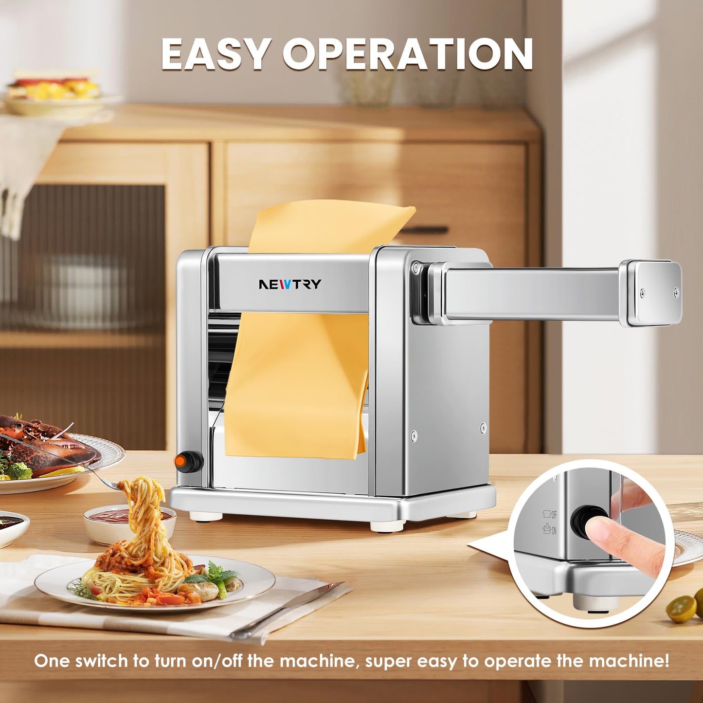 NEWTRY Electric Pasta Maker Family Noodle Making Machine Dough Roller Press Cutter with 3 Blade Attachments 2mm/4mm/6.5mm Pasta for Home Use US 110V