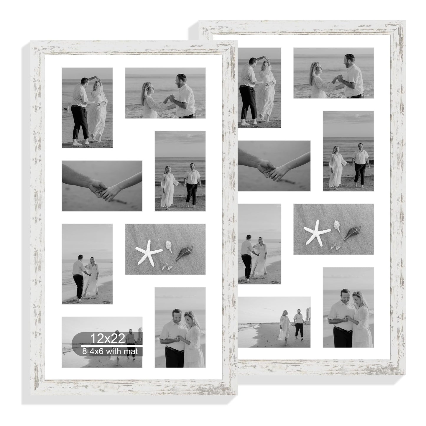 Hongkee 12x22 Picture Frame Set of 2, Distressed White with Glass Collage Frame, Display Eight Opening 4x6 Photos With Mat or 12 x 22 Newspaper Without Mat - Horizontal or Vertical Wall Mounting