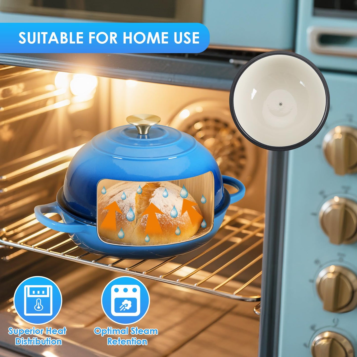 LIFERUN 6qt Enameled Cast Iron Dutch Oven for Sourdough Bread Baking, Non-Stick Dome-Shaped Bread Oven Pot with Lid, Silicone Handles and Scraper, Blue