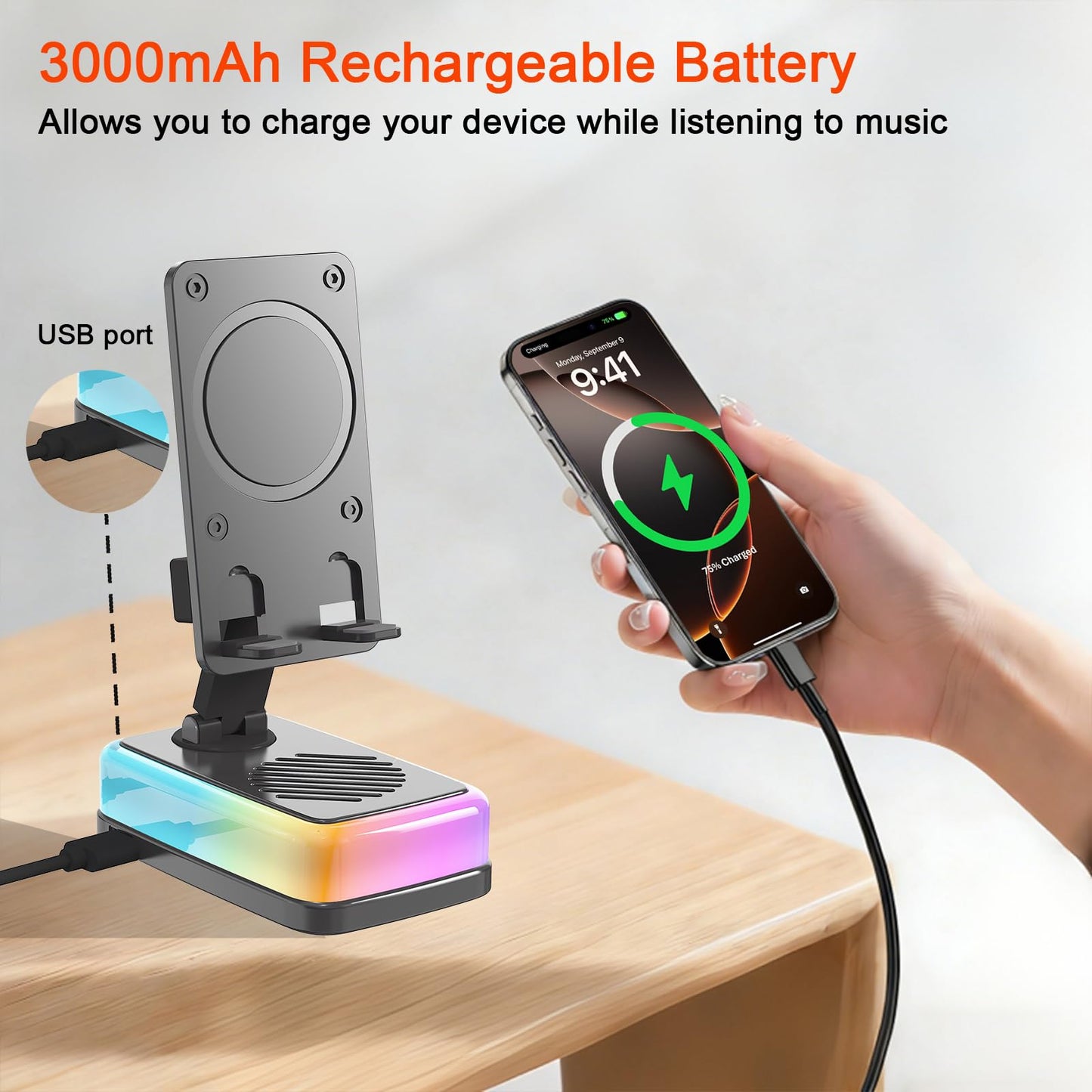 Wireless Induction Speaker with 180° Flexible Phone Stand, Bluetooth 5.3 Speaker for Desk with 3000mAh Emergency Power Bank, 5 in 1 Phone Speaker Amplifier with RGB Light, Gift for Men Women (Black)