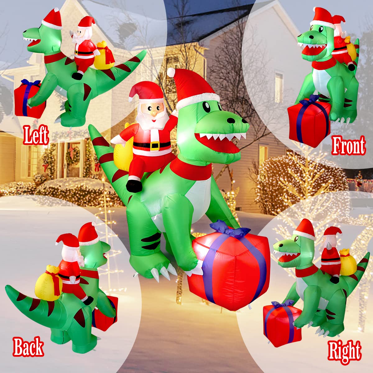 5 Ft Christmas Inflatable Dinosaur with Santa, LED Lights, Indoor Outdoor Holiday Yard Decor, Green T-Rex with Gift Box