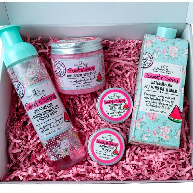 Bella & Bear Sweet 'n' Sassy Watermelon Mega Bath & Body Gift Set with Foaming Shower Gel & Bubble Bath, Bath Milk, Body Scrub & Lip Scrub and Lip Butter