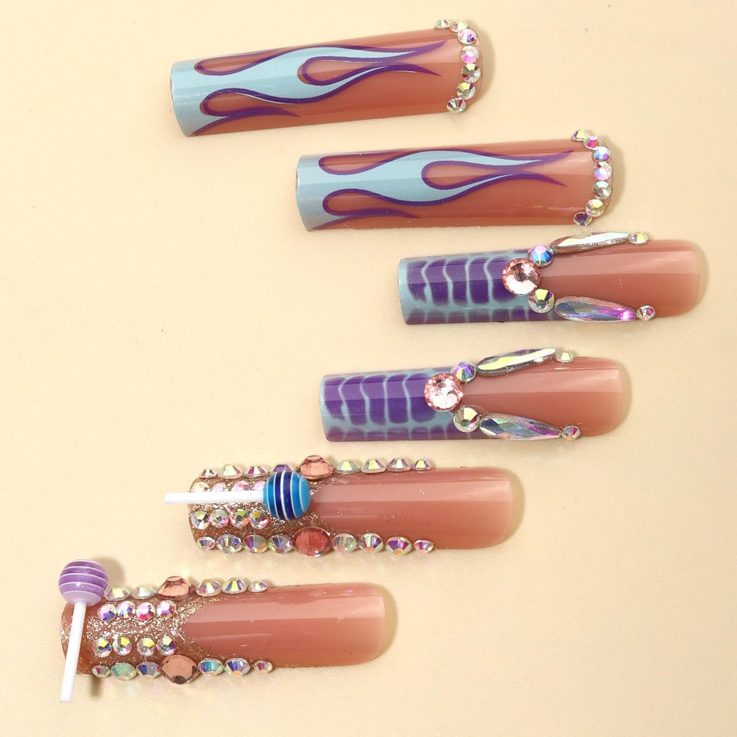 Press on Nails Extra Long - Aegenacess Square Press On Nails with 3D Rhinestones, Nude Blue Purple French Tips Y2K Fake Nails with Glue Sticker, Handmade 24 pcs Stick On Nails False Nail in 12 Sizes