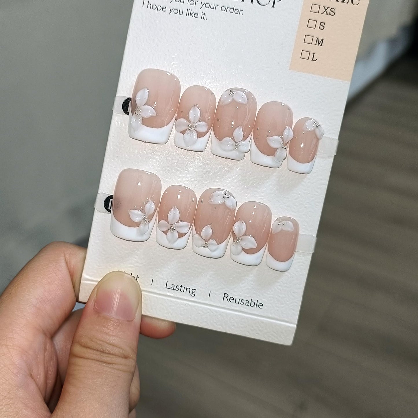 TENPAL 10Pcs Handmade Press On Nails Medium With Tools,Nude White French Tip Square Fake Nails with Designs,Hand-Painted White Floral Sculpted Salon Acrylic Glue on Nails for Wedding Party Daily(XS)