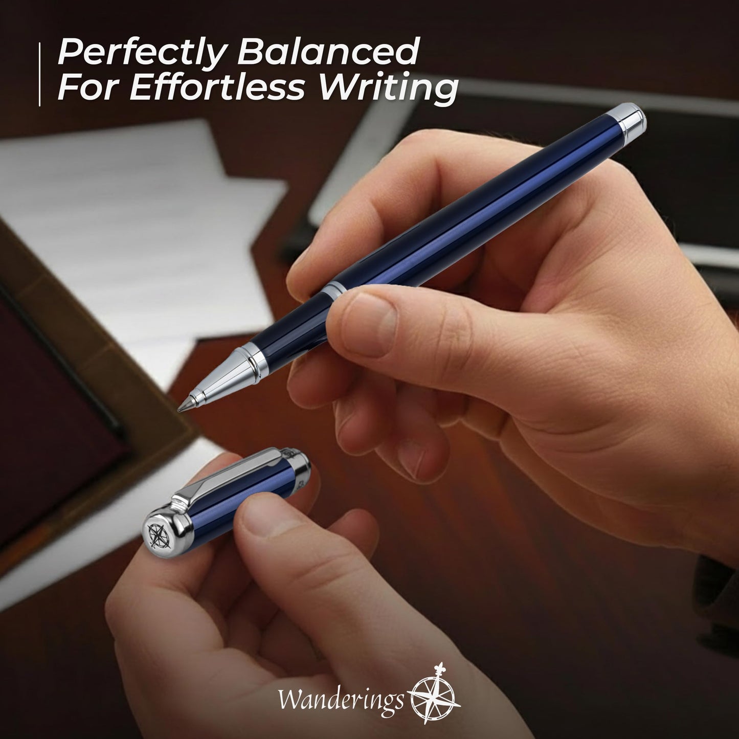 WANDERINGS Premium Rollerball Pen with German Ink – Perfectly Balanced for a Superb Writing Experience, Chrome Accents – Blue Breeze - Includes a Schmidt Refill in a Giftable Presentation Case