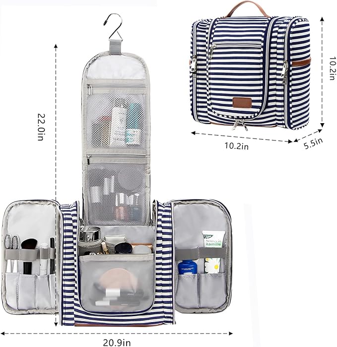 Pearl Angeli Hanging Toiletry Bag for Women, Large Makeup Cosmetic Bag, Water Resistant Toiletries Travel Essentials Organizer, Full-size Container, Navy-striped
