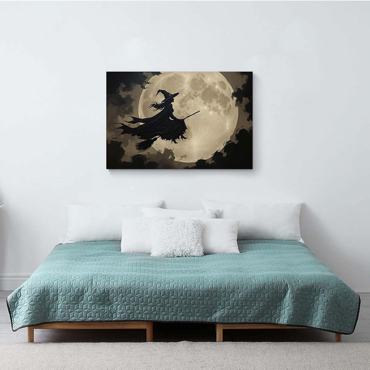 Full moon witch silhouette poster witch on magic broom Halloween mural poster decorative mural art suitable for home living room bedroom16x24in Wood Framed