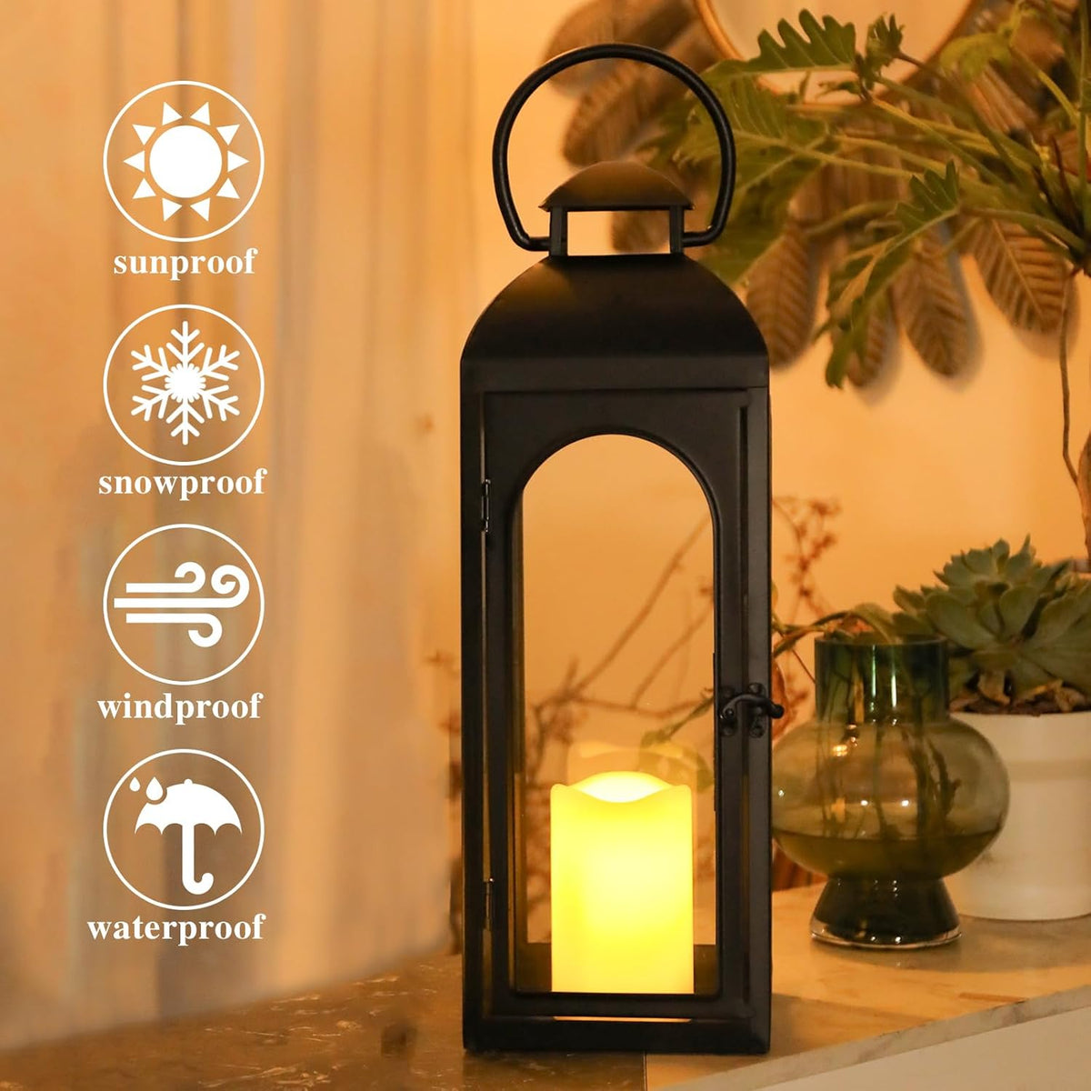Bdor 2 Pack 20 Inches Metal and Tempered Glass Decorative Lantern with Electronic Wax Effect - Indoor/Outdoor Decorative Lighting, Handcrafted Aesthetic, Perfect for Home, Parties, and Holiday Decor