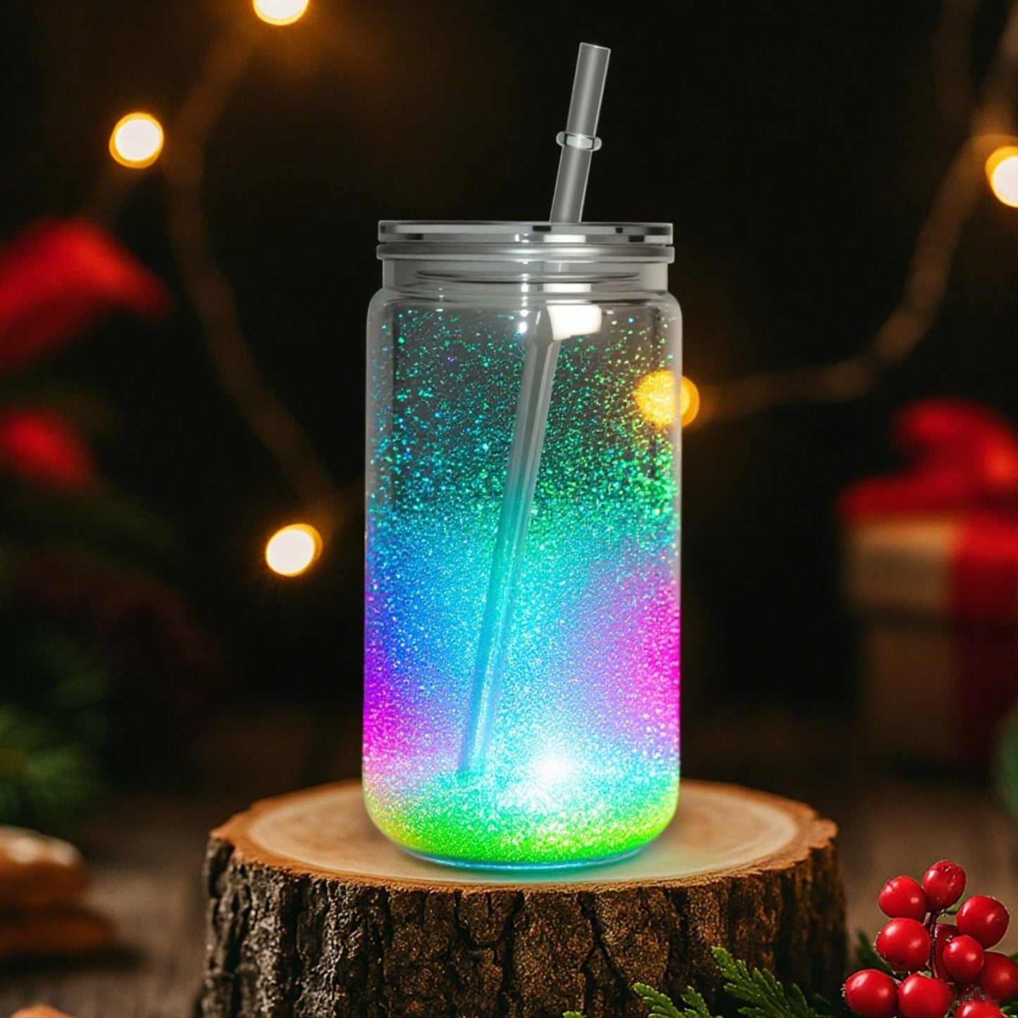 AZEAM 8 PCS Plastic Snow Globe Tumbler,16 oz Double Wall Tumbler with Pre Drilled Hole,Bulk Snow Globe Cups with Clear Lip and Straw,DIY Glitter Snowglobe(No gold powder)