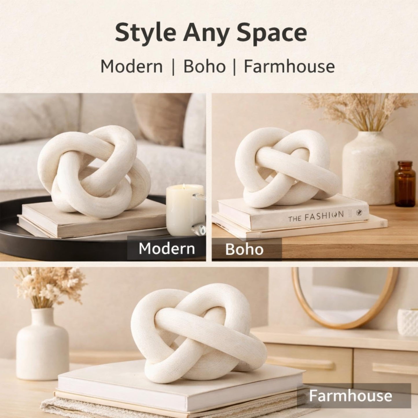 Yalikop 3 Link Wood Knot Decor Rustic Home Décor Accents Hand Carved Coffee Table Decoration, Boho Chain Link Decoration, Modern Shelf, Rustic Objects for Home Living Room Bedroom(White)