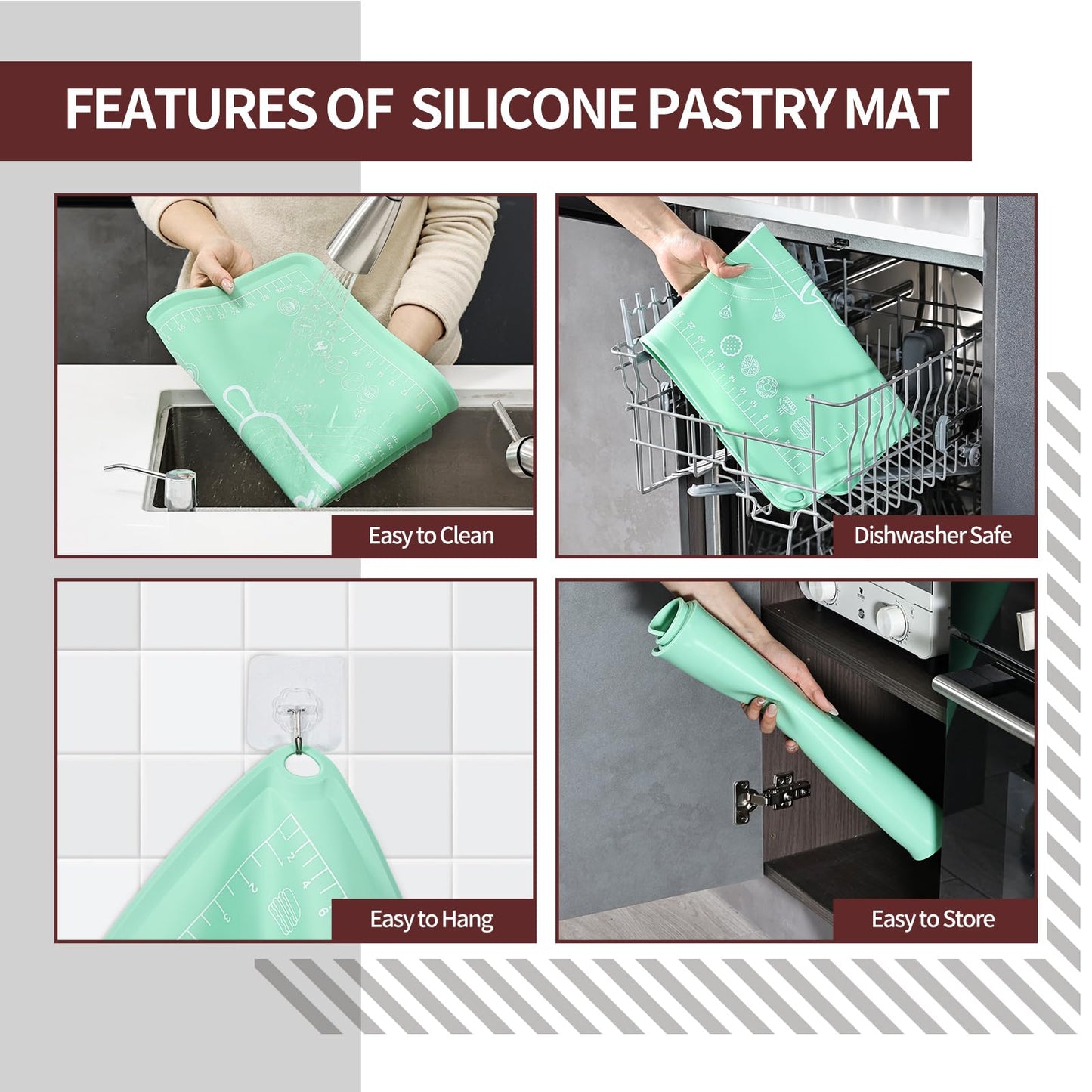 Silicone Baking Mat 20"L x 28"W, Extra Thick Dough Rolling Pad with Measurements and Edge Heightening, Non-stick Food Grade Silicone Pastry Mat for Pastry, Bread, Cookies