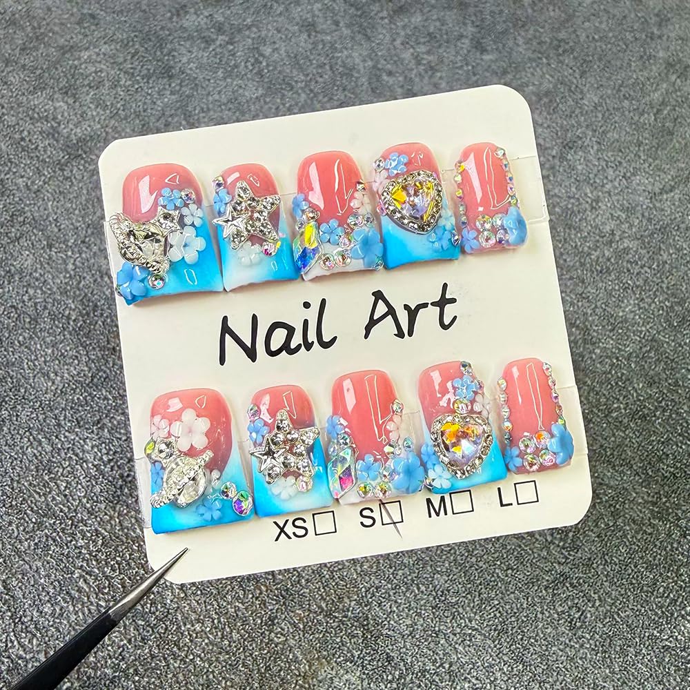 Duck handmade press on nails Medium Fake Nails Blue French False Nails with 3D Flower Designs luxury Stars Heart Charm Acrylic Nails for Women 10pcs (Size M）