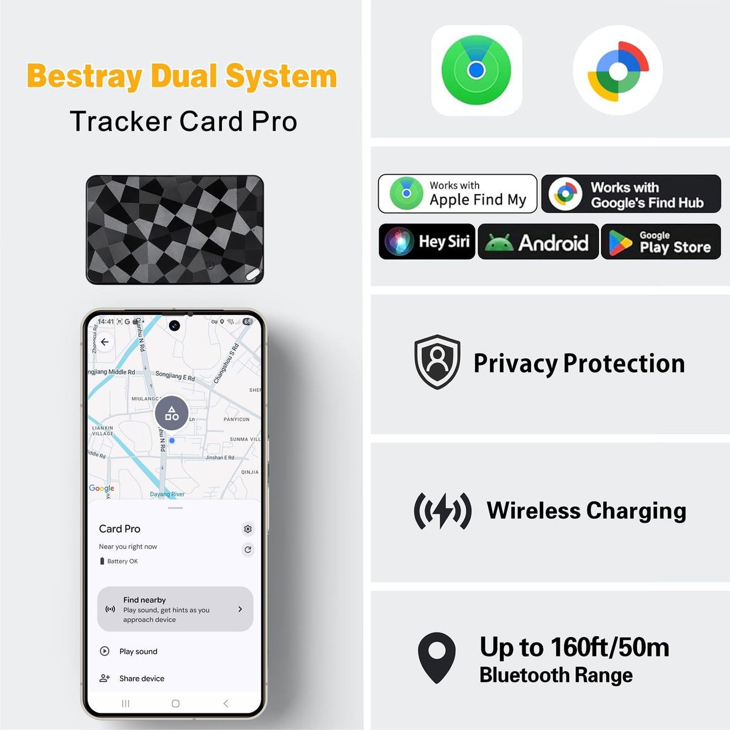 Bestray Bluetooth Wallet Tracker Card for iOS & Android, Apple Find My & Google Find Hub Compatible, Rechargeable Slim Credit Card Locator, 100dB Alarm, No Subscription