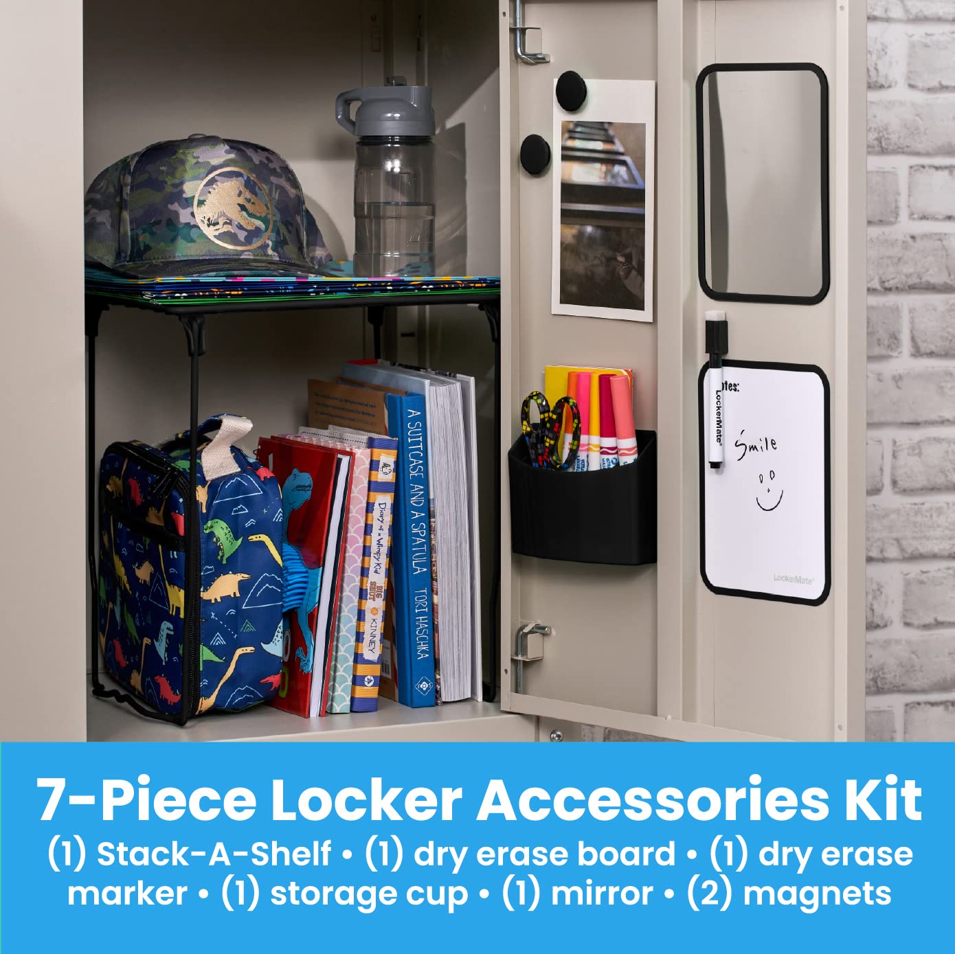 LockerMate 7-Piece Locker Organizer Kit, Includes Locker Shelf, Mirror, Whiteboard, Storage Cup & Dry Erase Marker - Black