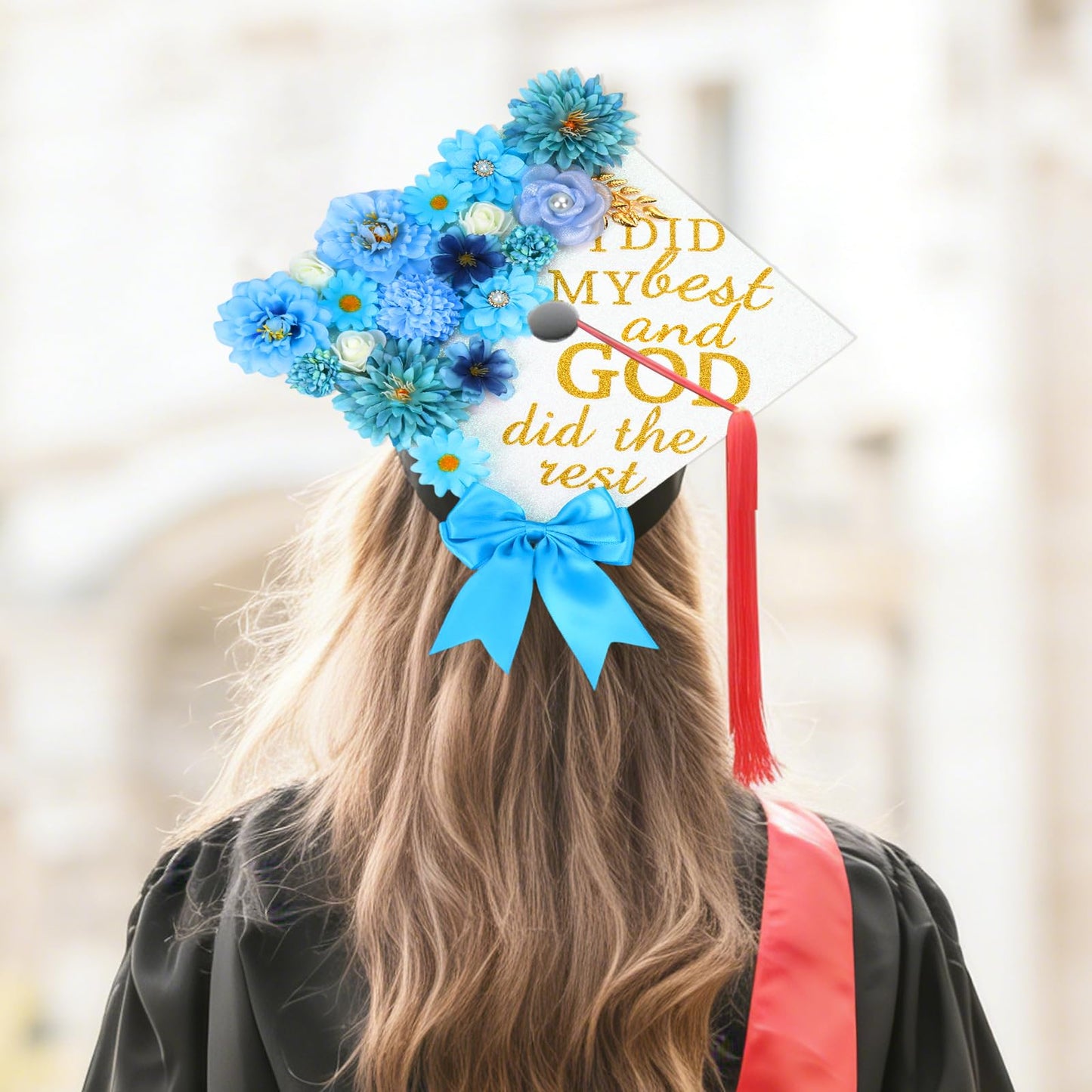 66Pcs Graduation Cap Decorations Graduation Cap Decorations kit Included Faux Flower Heads3D Butterfly Stickers for DIY Grad Cap Topper Grad Party Decor(Blue)