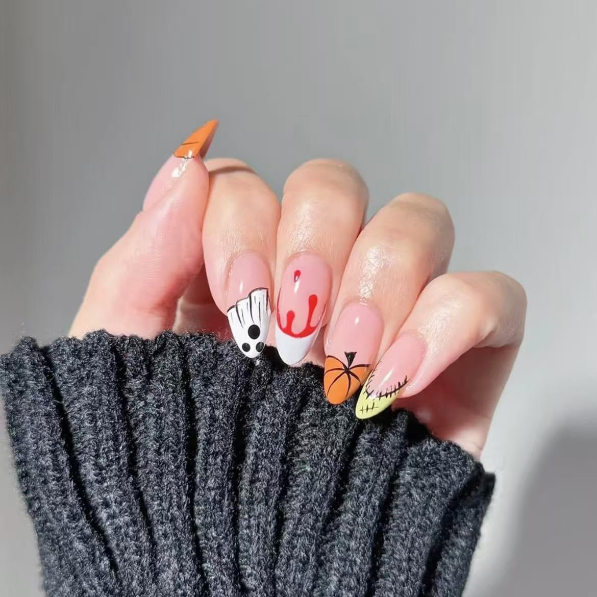 10pcs Halloween Press on Nails Short Fake Nails with Ghost Pumpkin Design Almond Nails Glitter False Nails Halloween Full Cover Cute Stick on Nail for Woman Tool Kit Nail (MT-150-S)