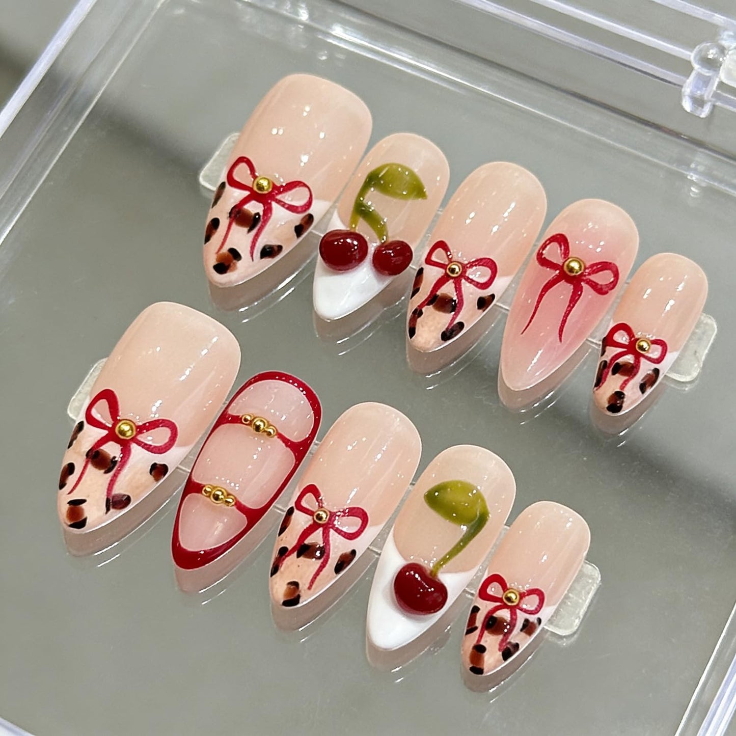 Luxury Press on Nails Medium Almond Handmade 3D Unique Reusable Fake Nails French Tip False Nails with Bow Cherry Designs Nude Leopard Print Glossy Glue on Nail Thick Acrylic Nail for Women10Pcs（S)