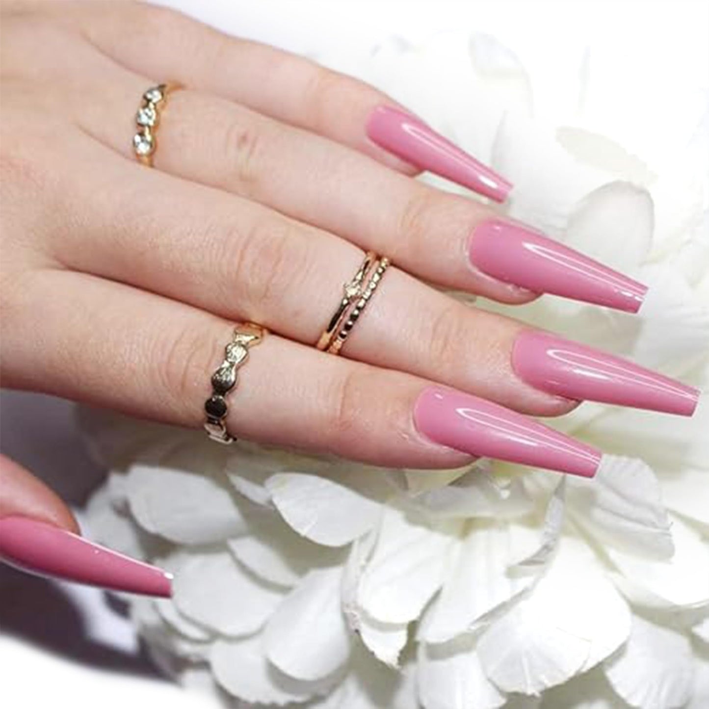Allkem Press on Nails Extra Long Ballerina (20 Pieces) - Glossy Nail Extensions Kit - 10 Sizes Glue on Fake Nails (Rose Pink)