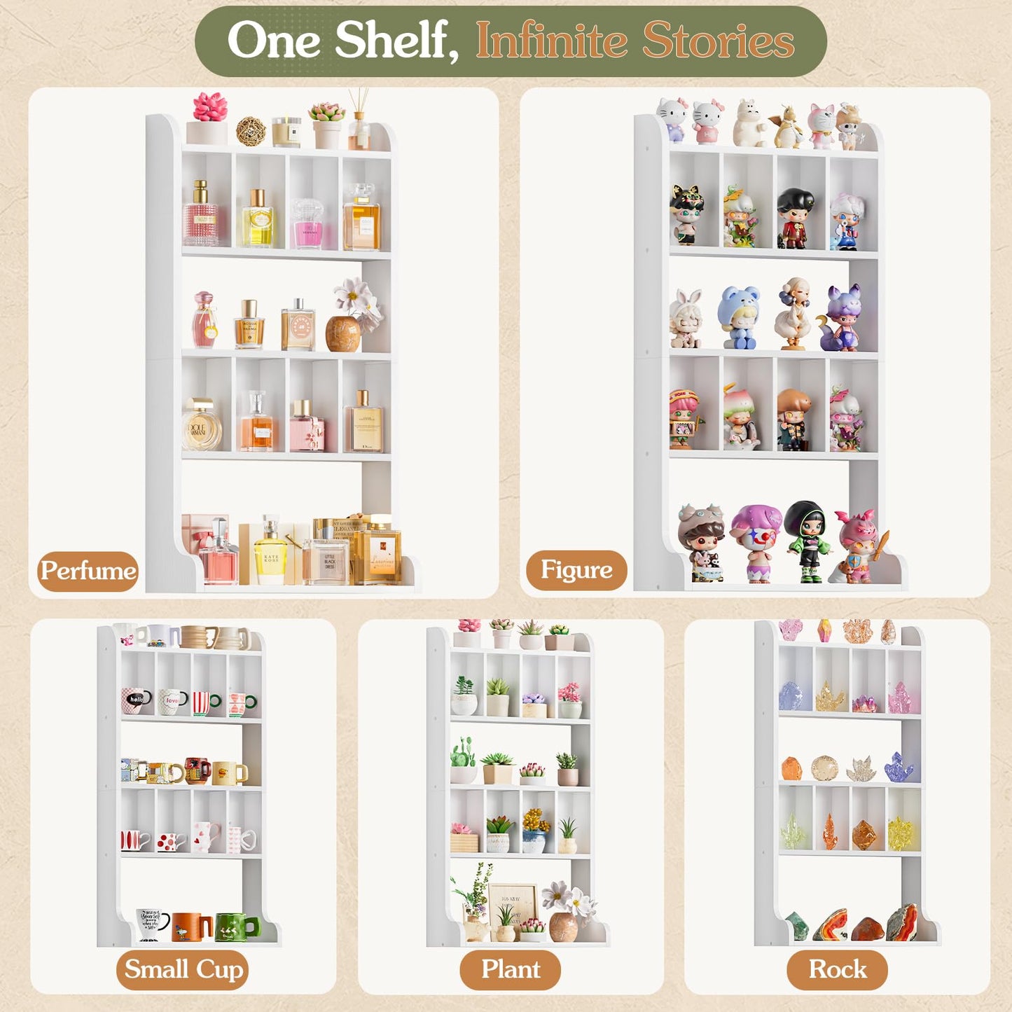 Keebofly Perfume Organizer Wall Mount & Large Cologne Display Case - Wooden Multi-Tier Trinket Shelf for Fragrances, Collectibles, Figures, Miniatures, Cosmetics and Shot Glasses, White